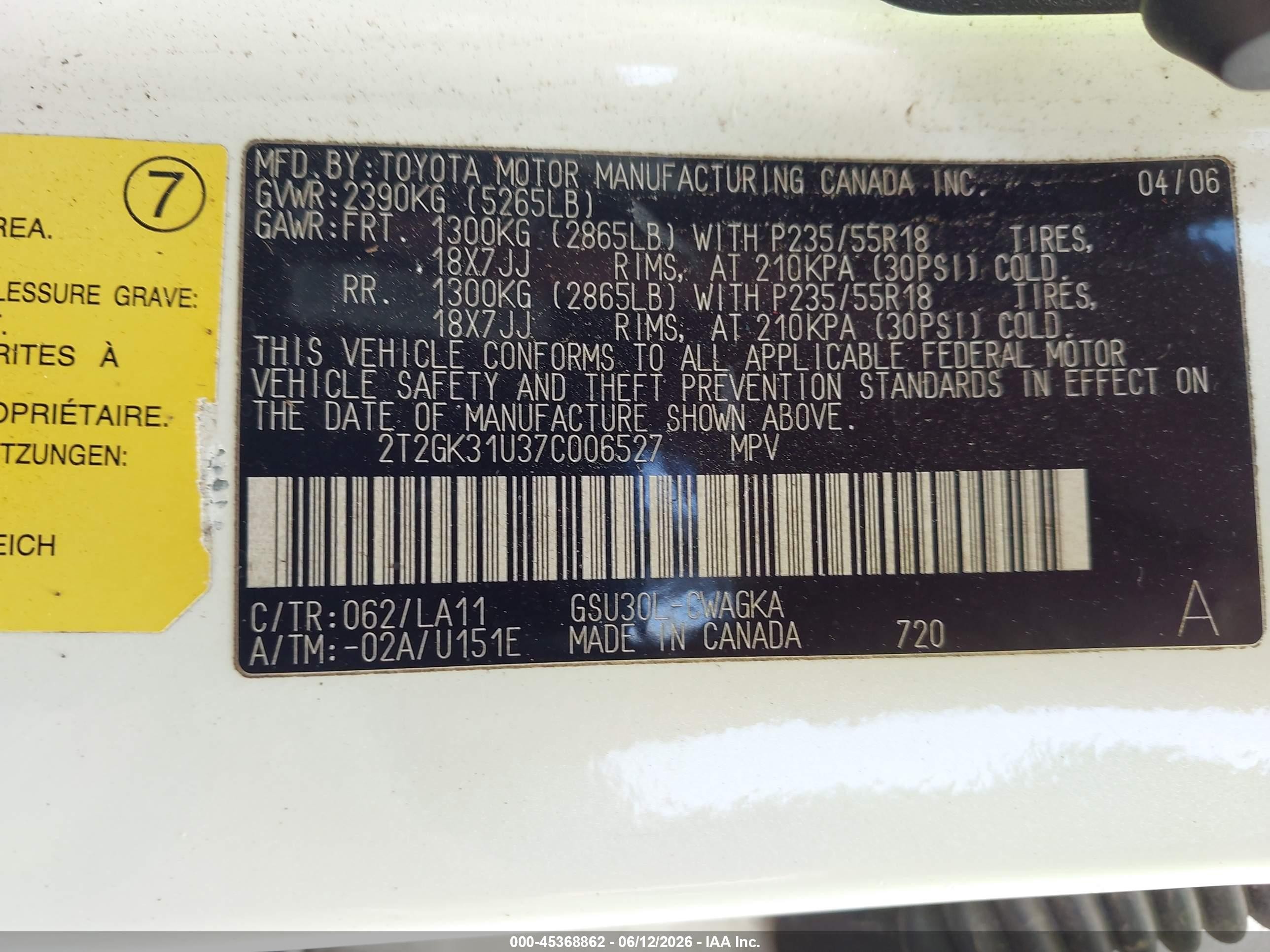 2007 Lexus Rx 350   White vin: 2T2GK31U37C006527