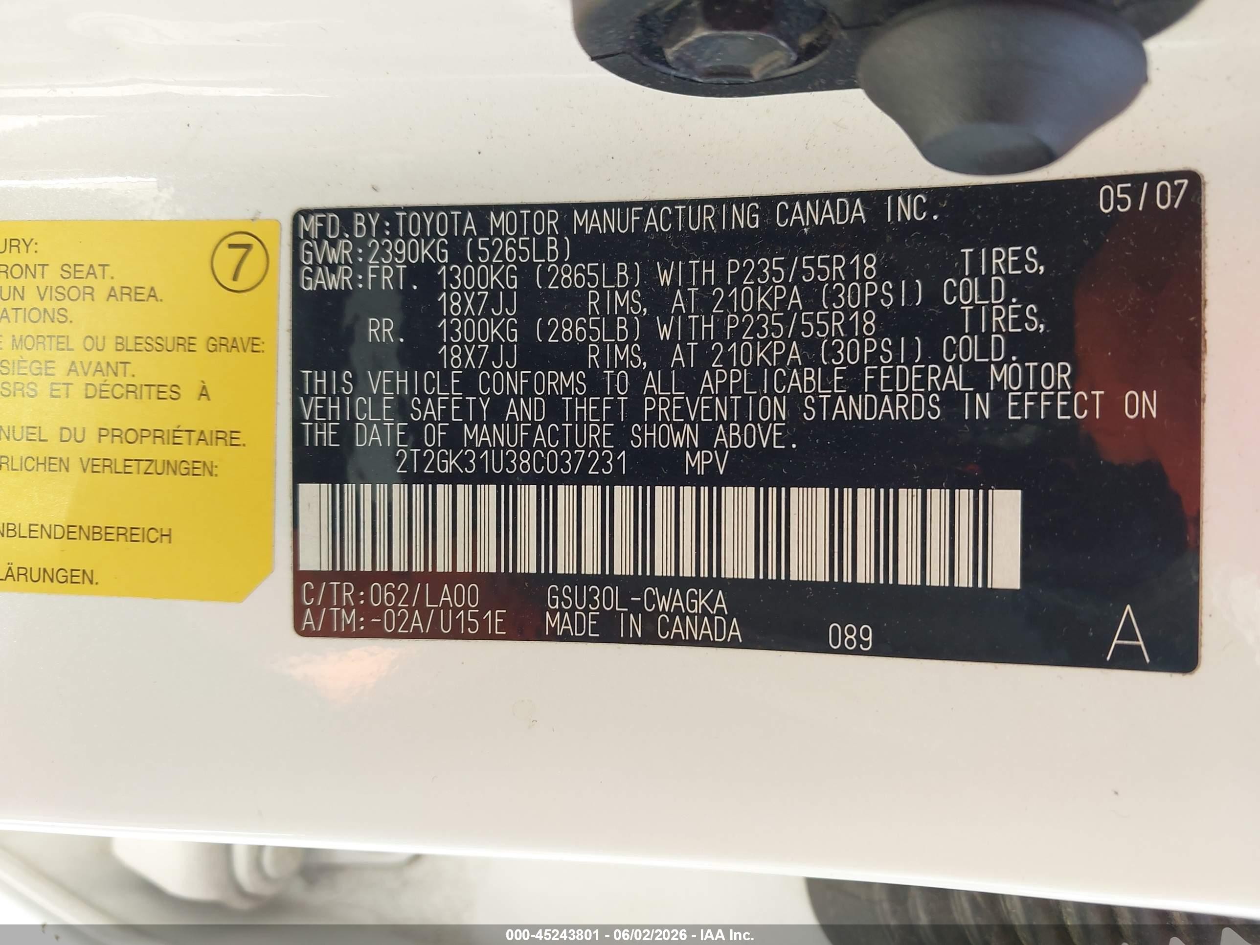 2008 Lexus Rx 350   White vin: 2T2GK31U38C037231