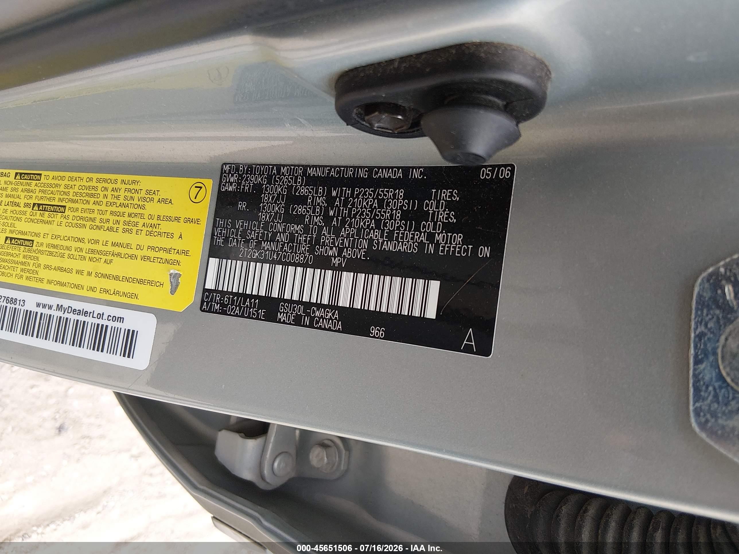 2007 Lexus Rx 350   Бирюзовый vin: 2T2GK31U47C008870
