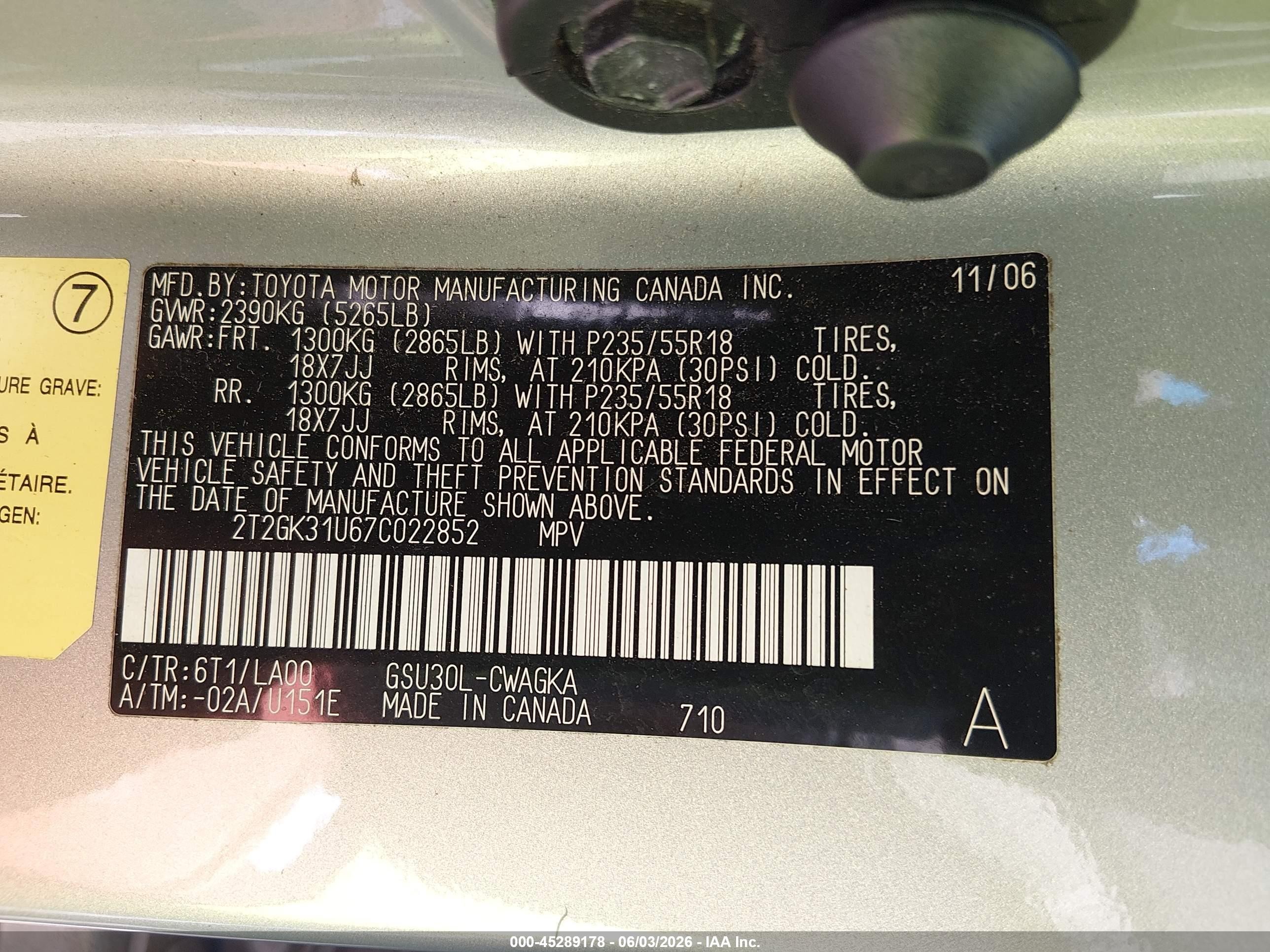2007 Lexus Rx 350   Light Blue vin: 2T2GK31U67C022852