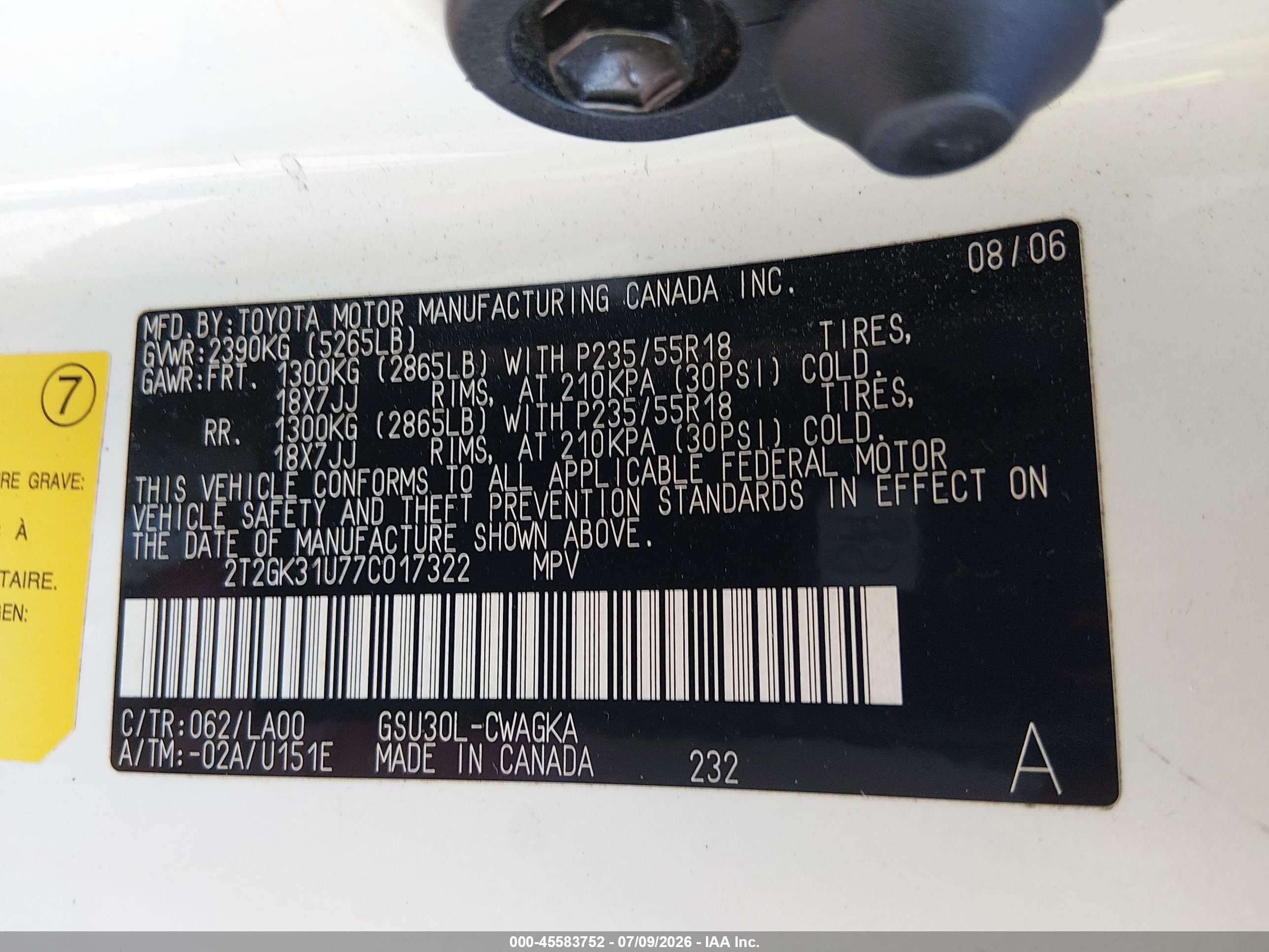 2007 Lexus Rx 350   White vin: 2T2GK31U77C017322