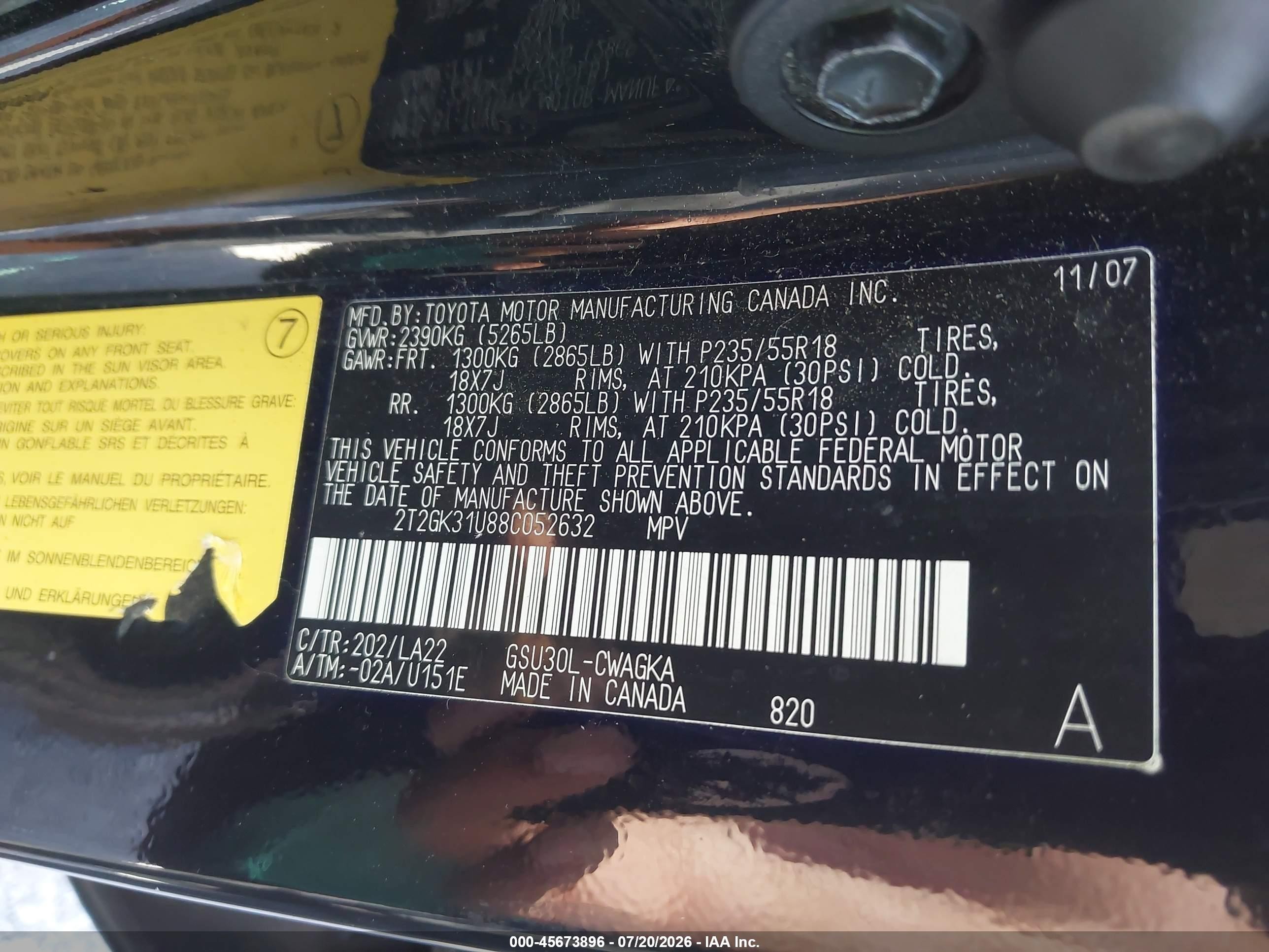 2008 Lexus Rx 350   Black vin: 2T2GK31U88C052632