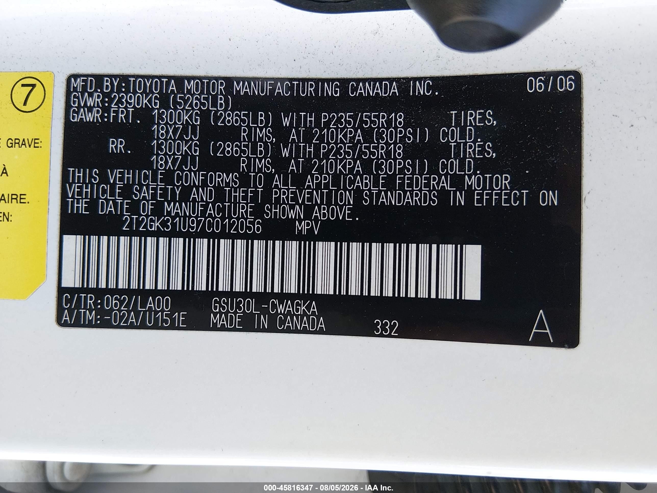 2007 Lexus Rx 350   White vin: 2T2GK31U97C012056