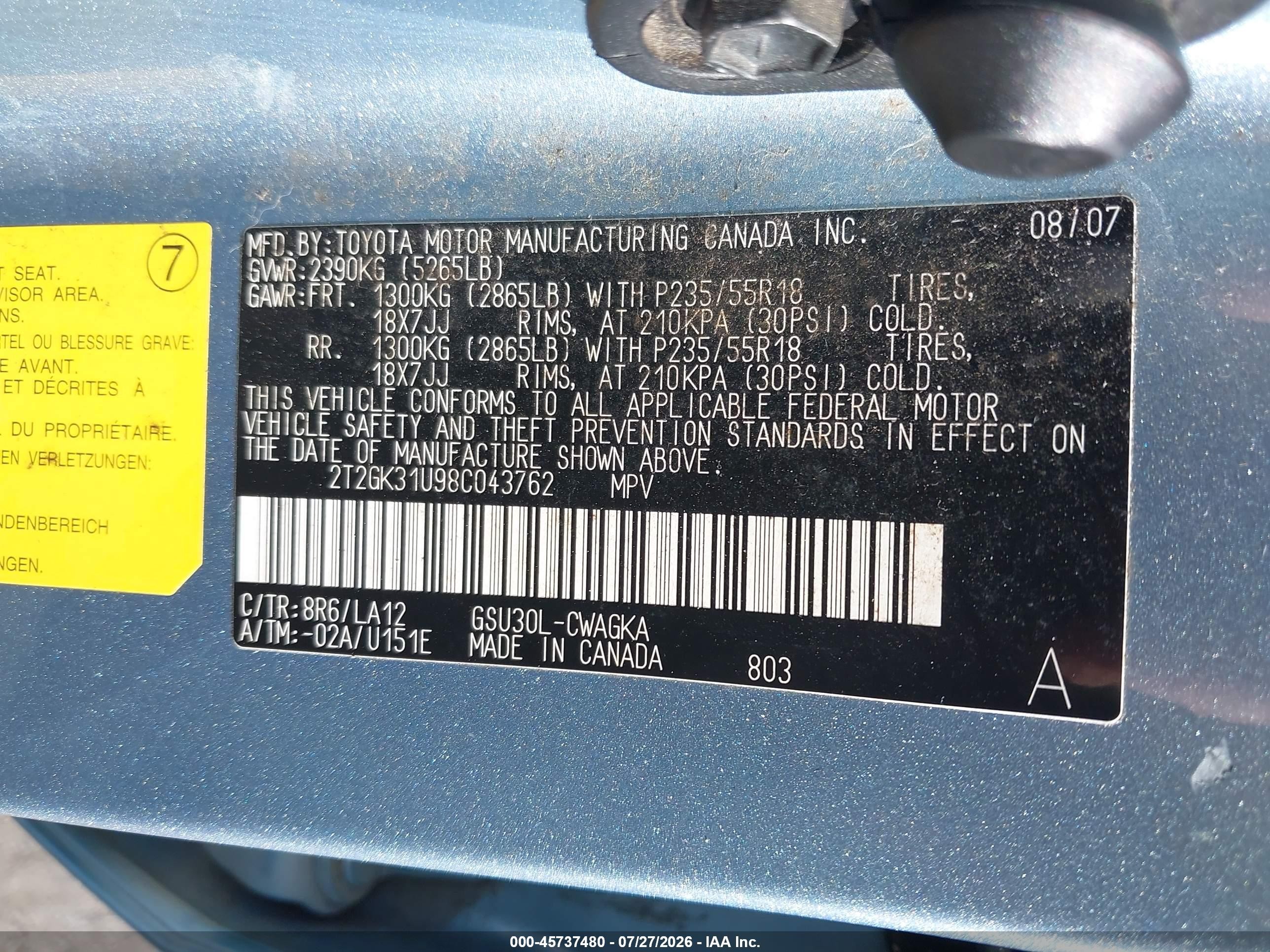 2008 Lexus Rx 350   Light Blue vin: 2T2GK31U98C043762