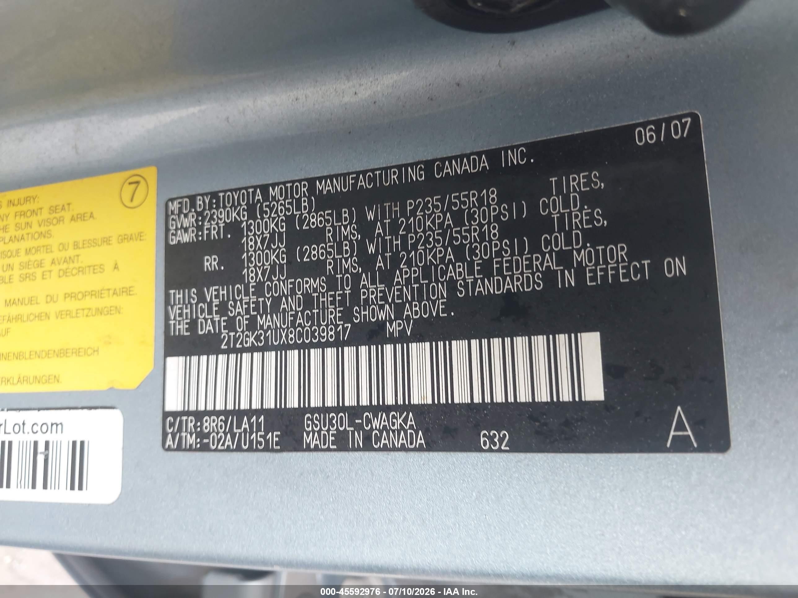 2008 Lexus Rx 350   Blue vin: 2T2GK31UX8C039817