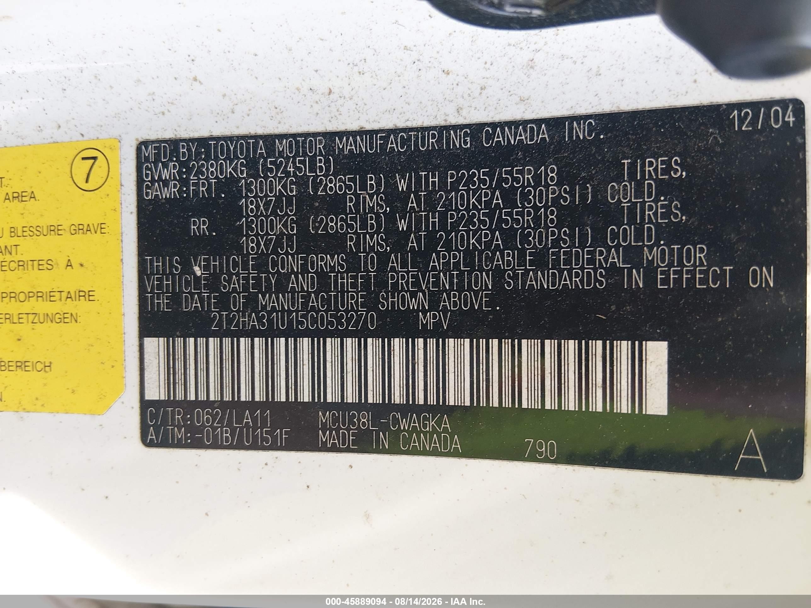 2005 Lexus Rx 330   White vin: 2T2HA31U15C053270