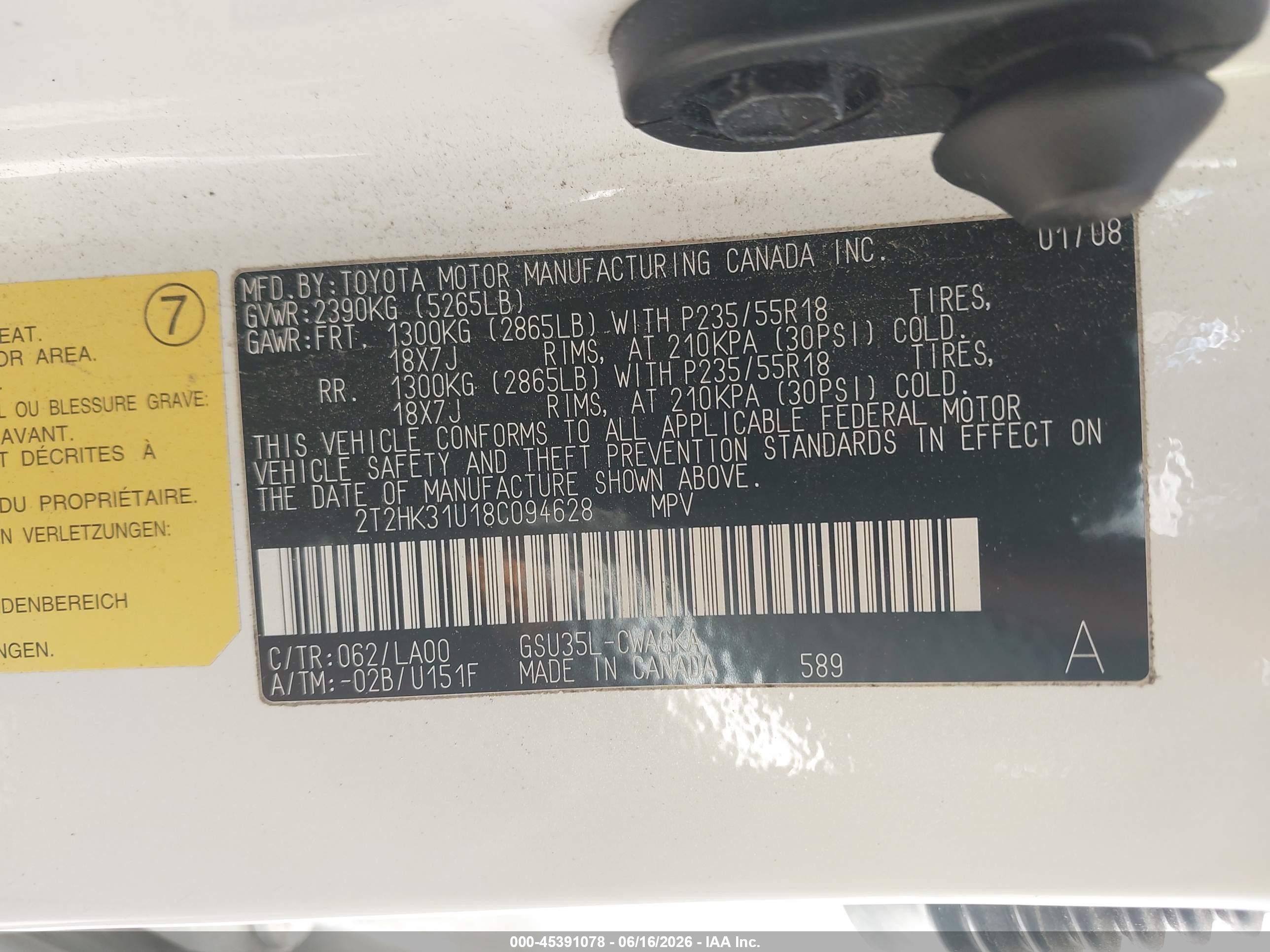 2008 Lexus Rx 350   White vin: 2T2HK31U18C094628