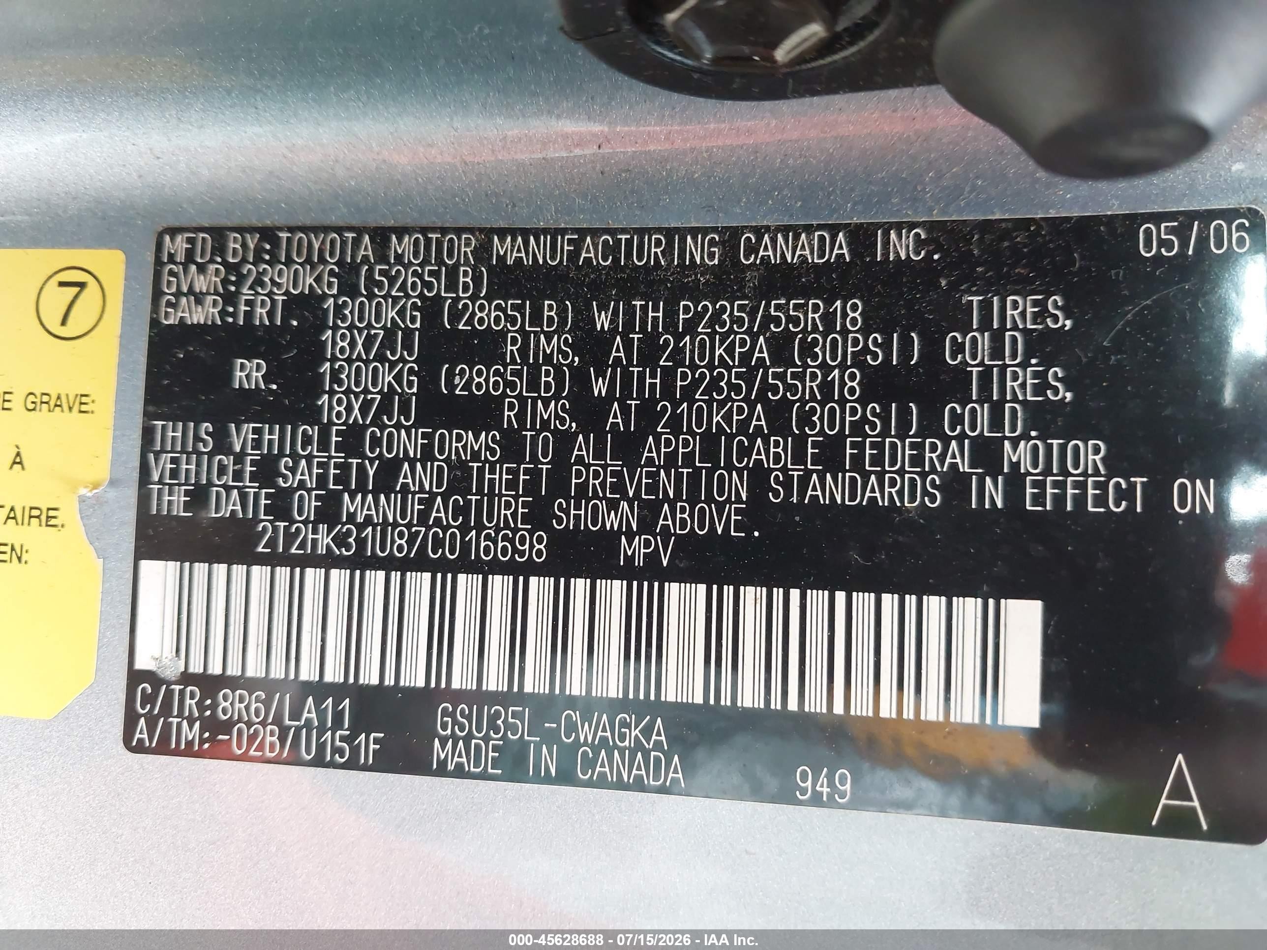 2007 Lexus Rx 350 Light Blue vin: 2T2HK31U87C016698