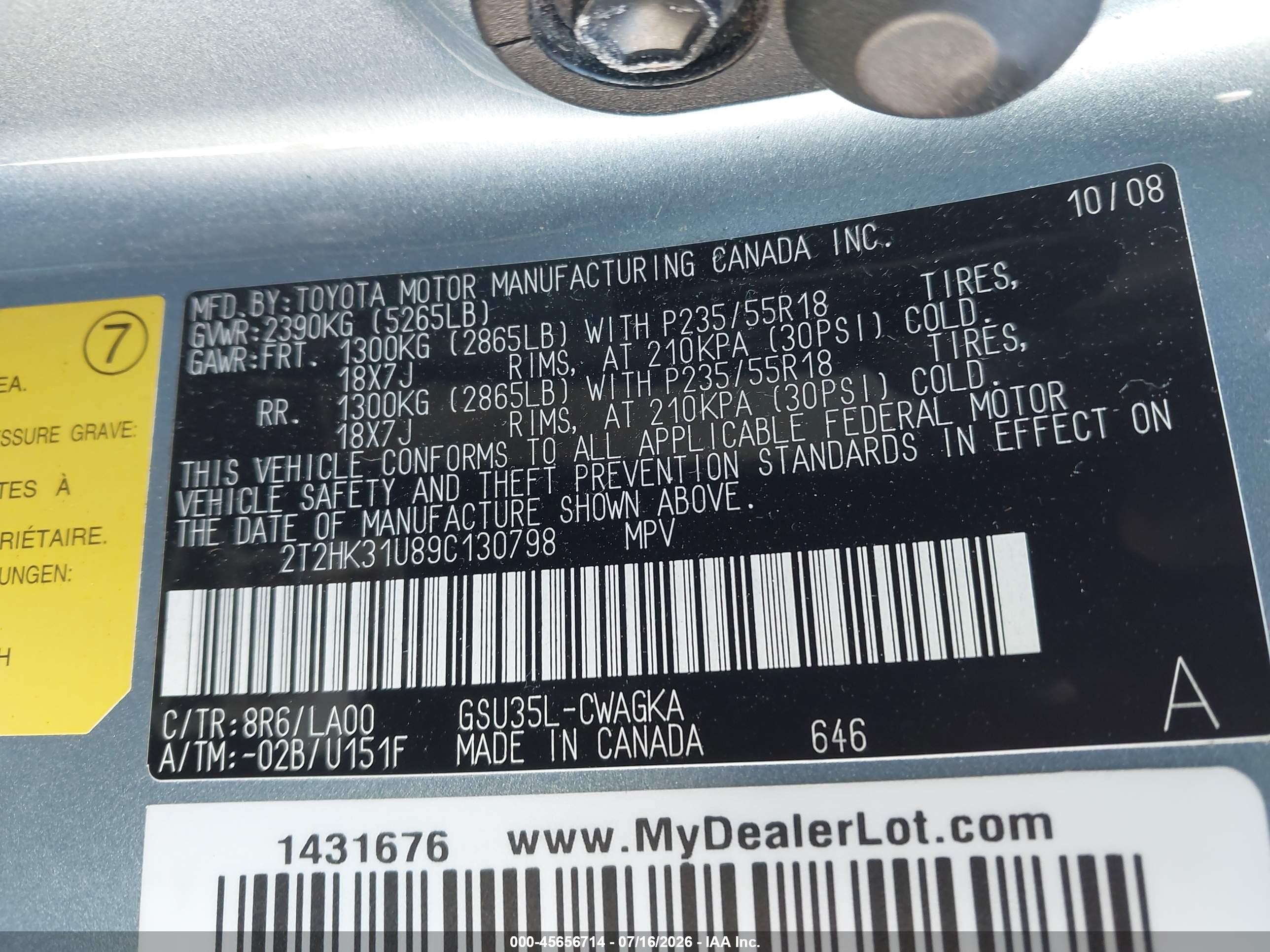 2009 Lexus Rx 350   Light Blue vin: 2T2HK31U89C130798