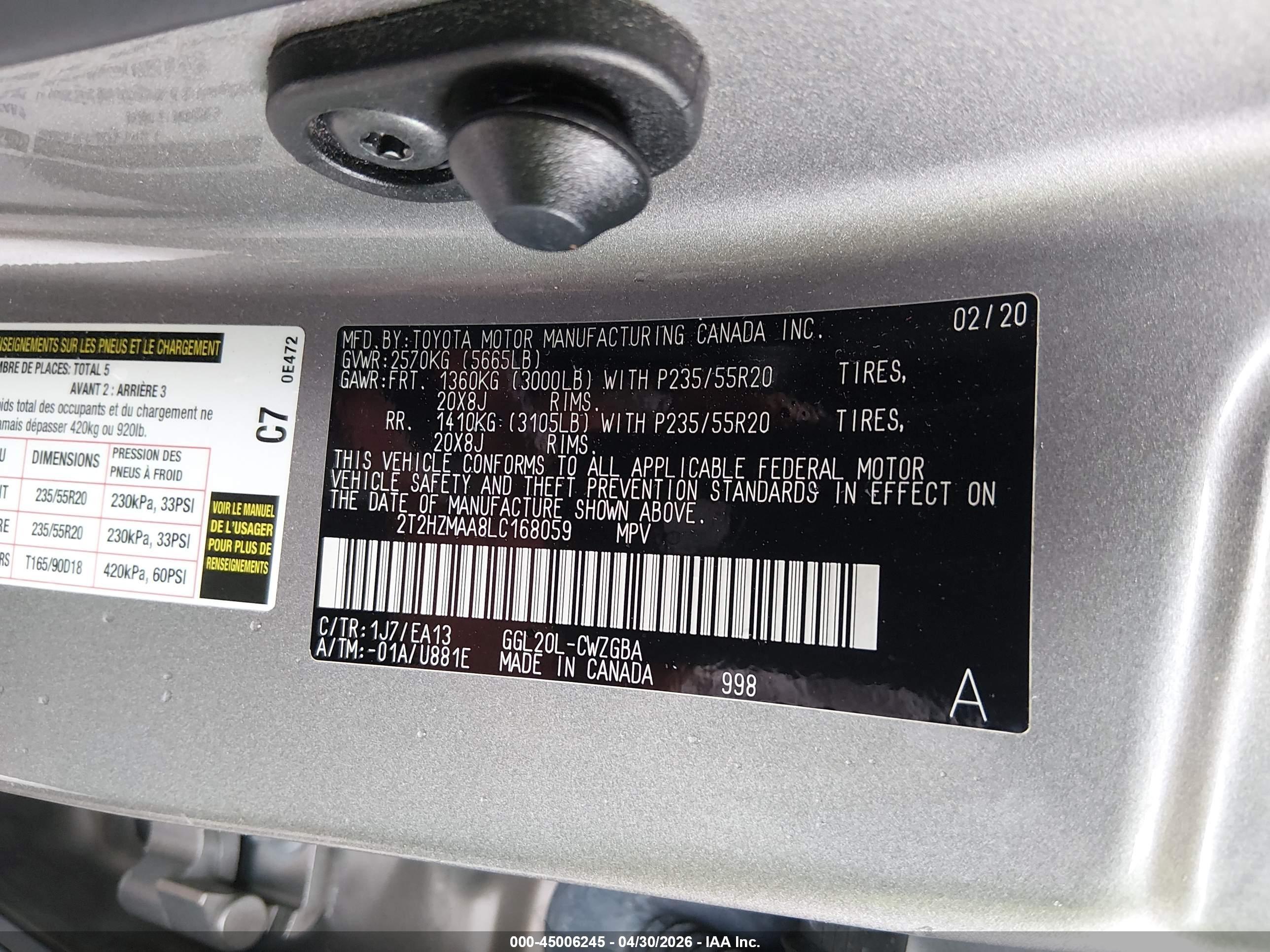 2020 Lexus Rx 350 Champagne vin: 2T2HZMAA8LC168059