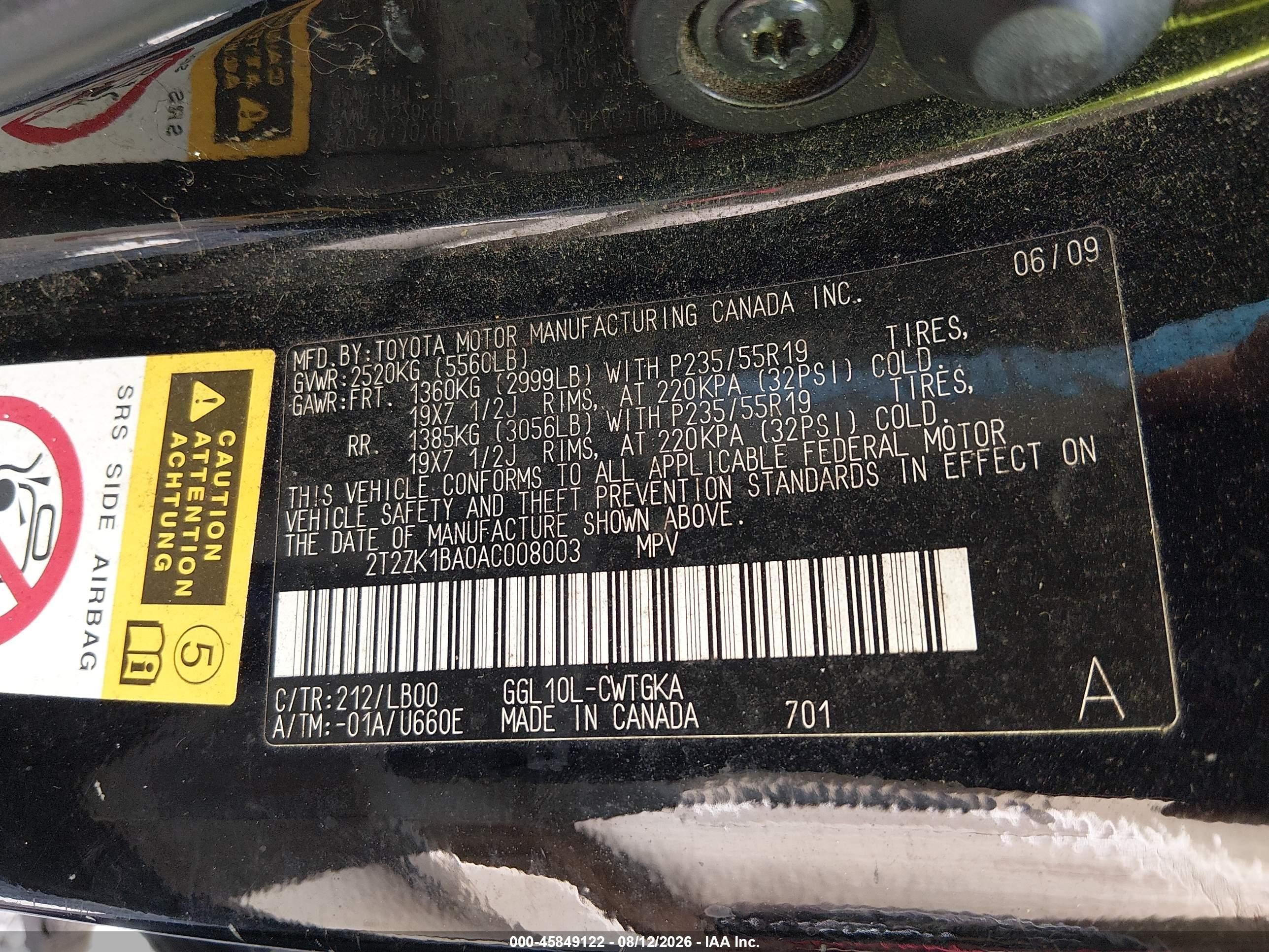 2010 Lexus Rx 350   Black vin: 2T2ZK1BA0AC008003