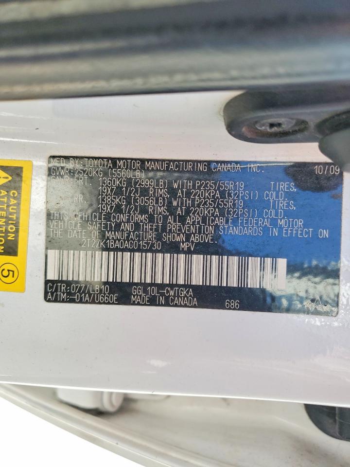 2010 Lexus Rx 350 White vin: 2T2ZK1BA0AC015730