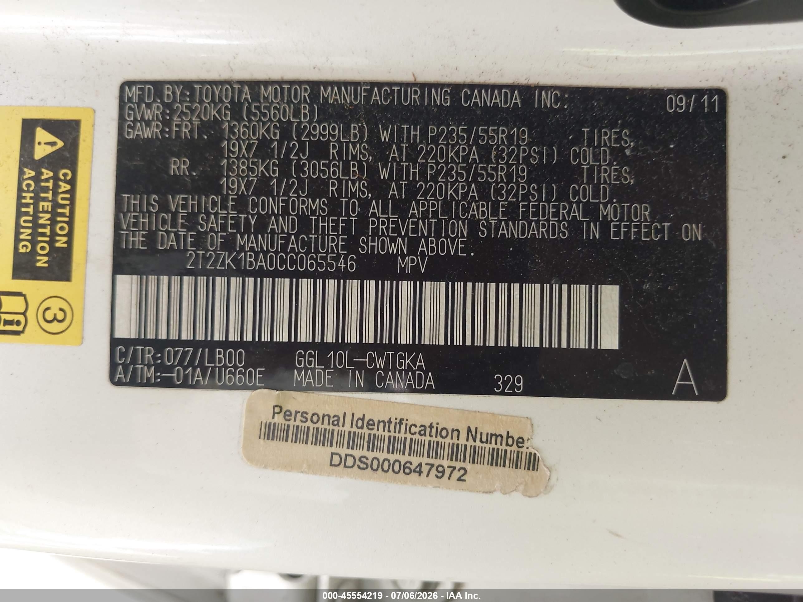 2012 Lexus Rx 350   White vin: 2T2ZK1BA0CC065546