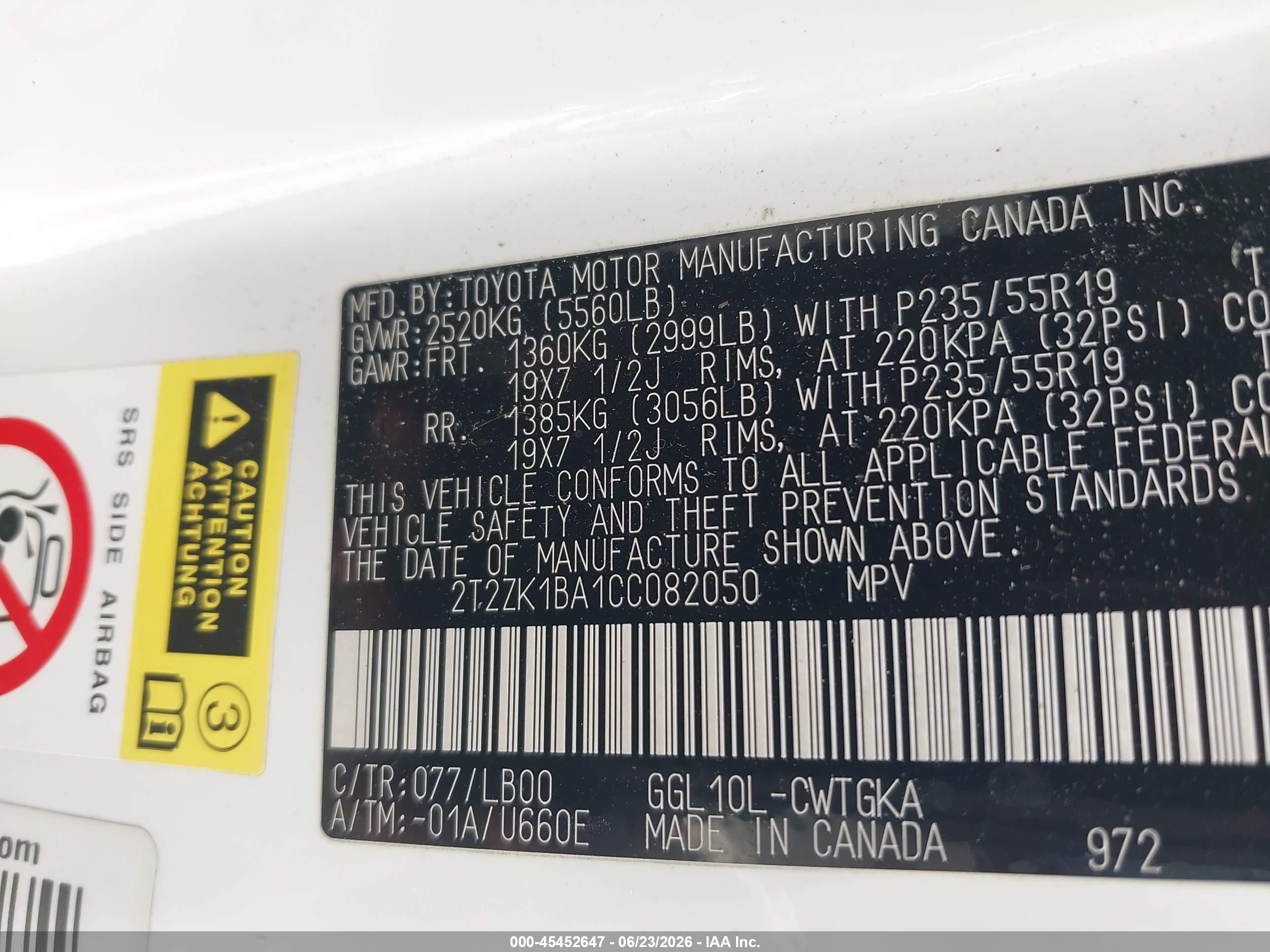 2012 Lexus Rx 350   White vin: 2T2ZK1BA1CC082050