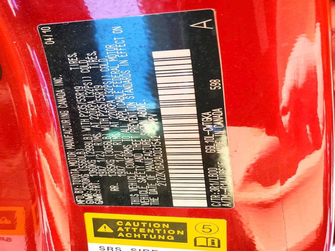 2010 Lexus Rx 350 Red vin: 2T2ZK1BA2AC031542