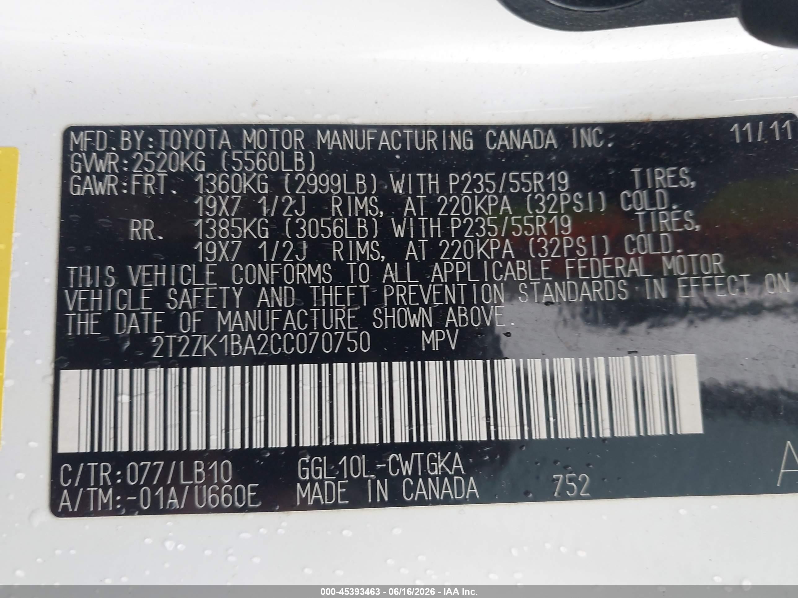 2012 Lexus Rx 350   White vin: 2T2ZK1BA2CC070750