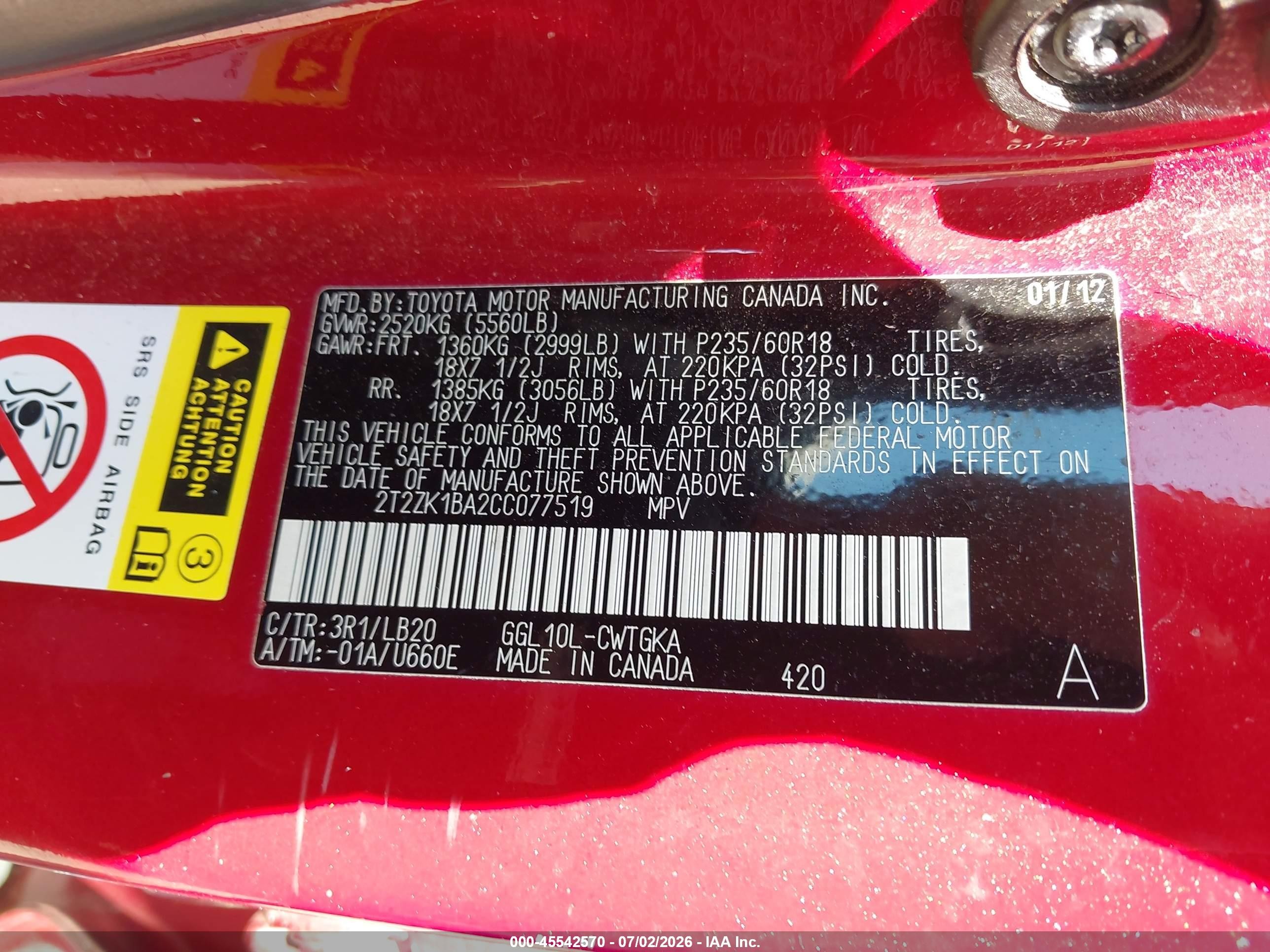 2012 Lexus Rx 350 Red vin: 2T2ZK1BA2CC077519