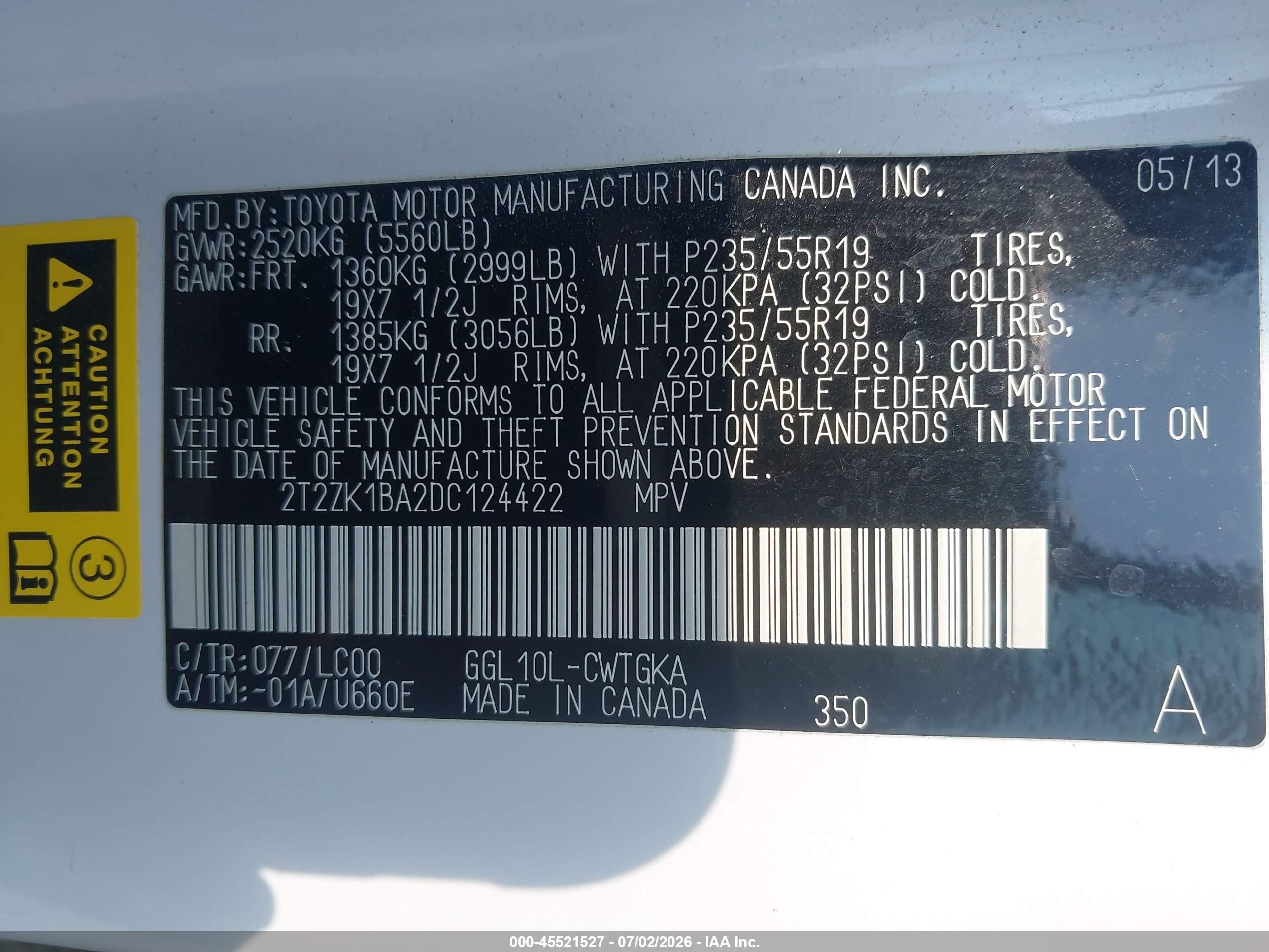2013 Lexus Rx 350   Белый vin: 2T2ZK1BA2DC124422