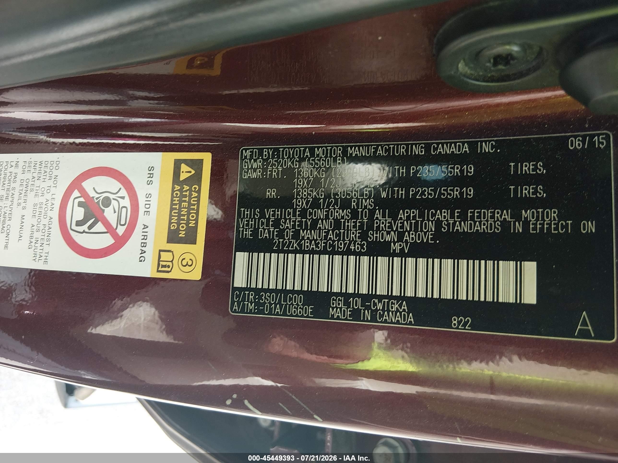 2015 Lexus Rx 350   Burgundy vin: 2T2ZK1BA3FC197463