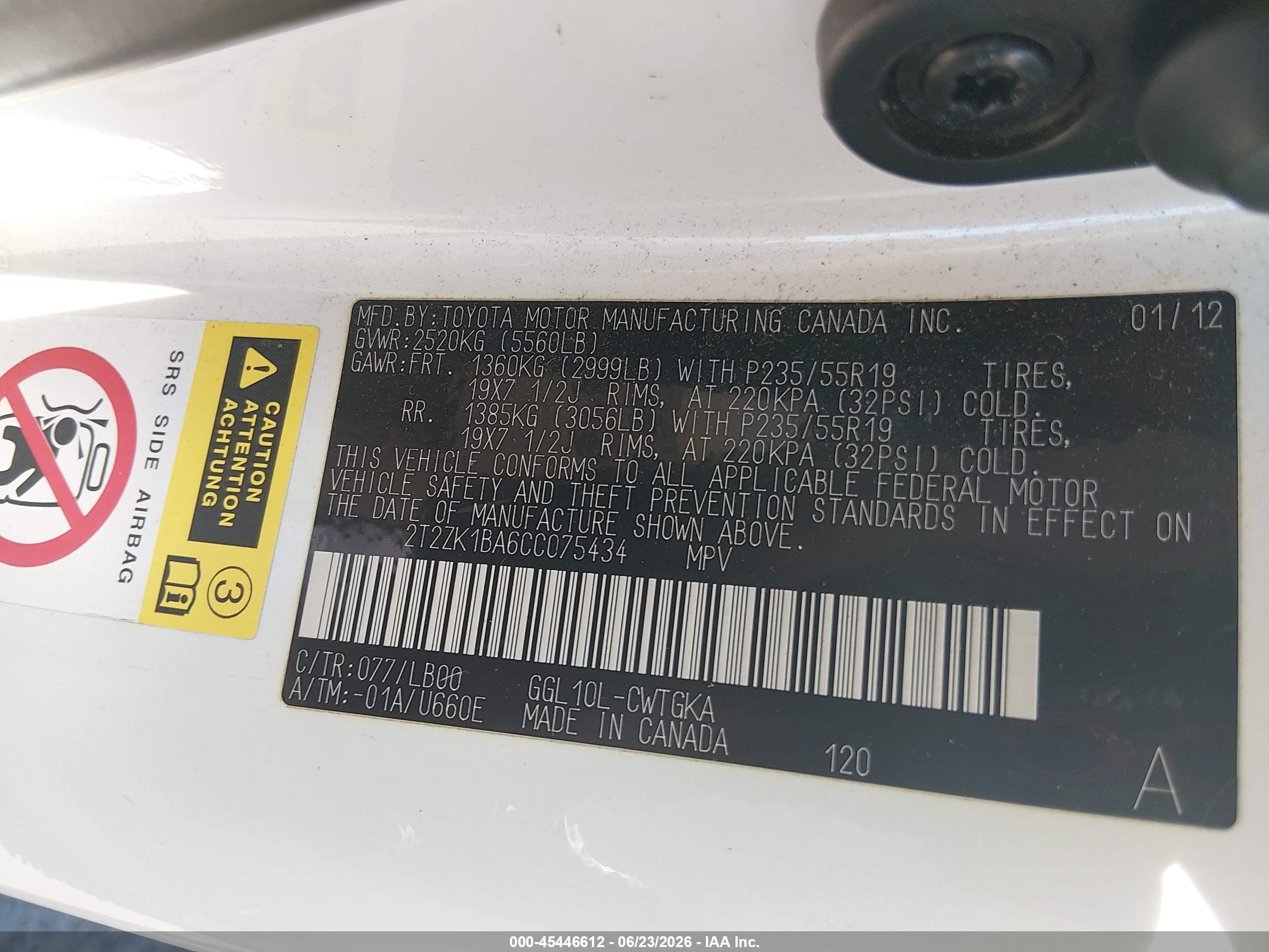 2012 Lexus Rx 350   White vin: 2T2ZK1BA6CC075434