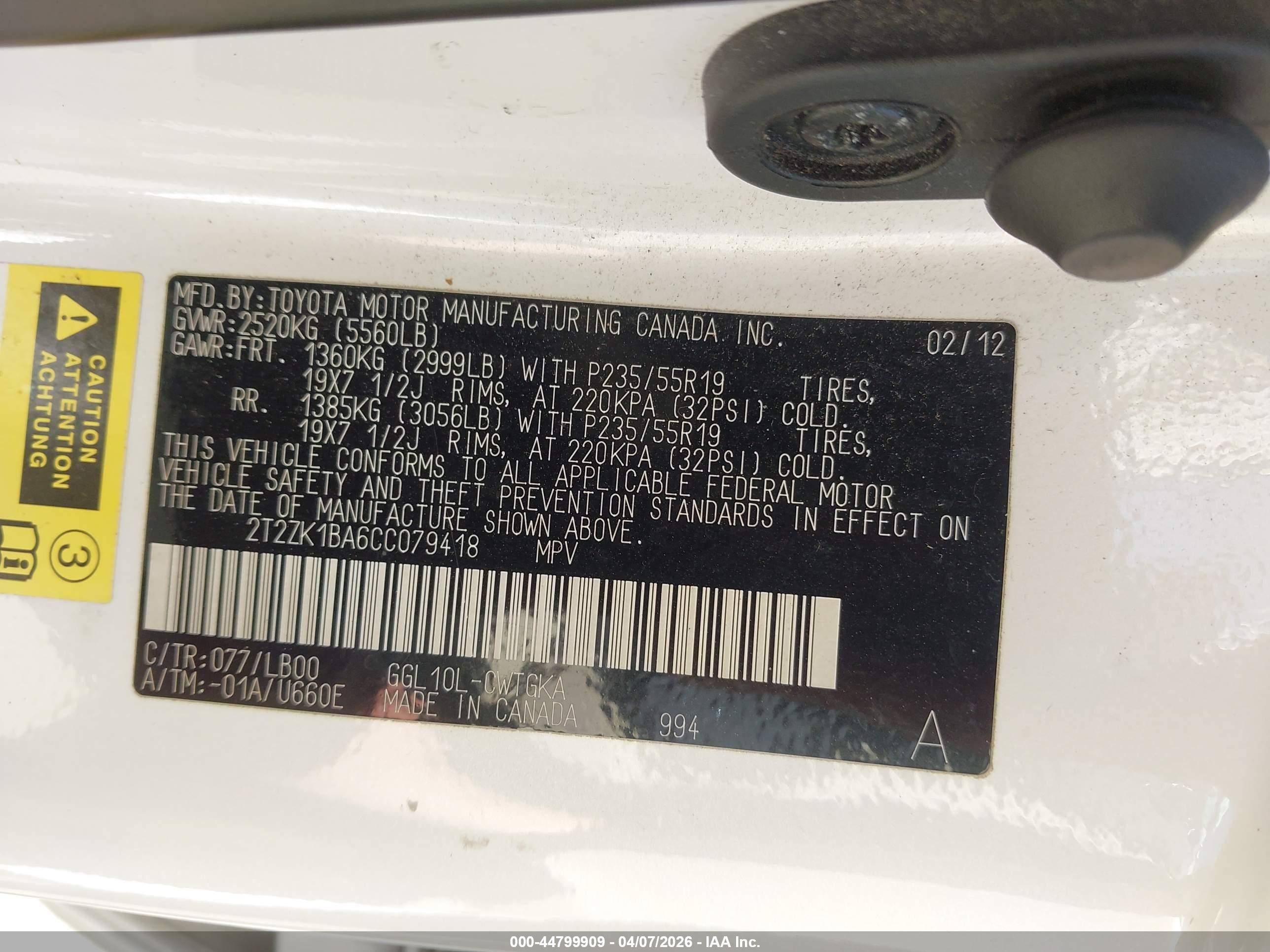 2012 Lexus Rx 350   White vin: 2T2ZK1BA6CC079418