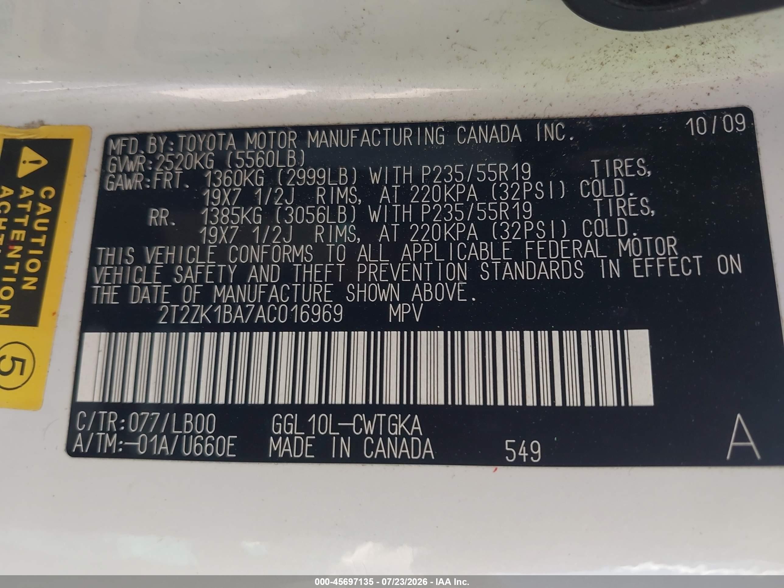 2010 Lexus Rx 350 White vin: 2T2ZK1BA7AC016969