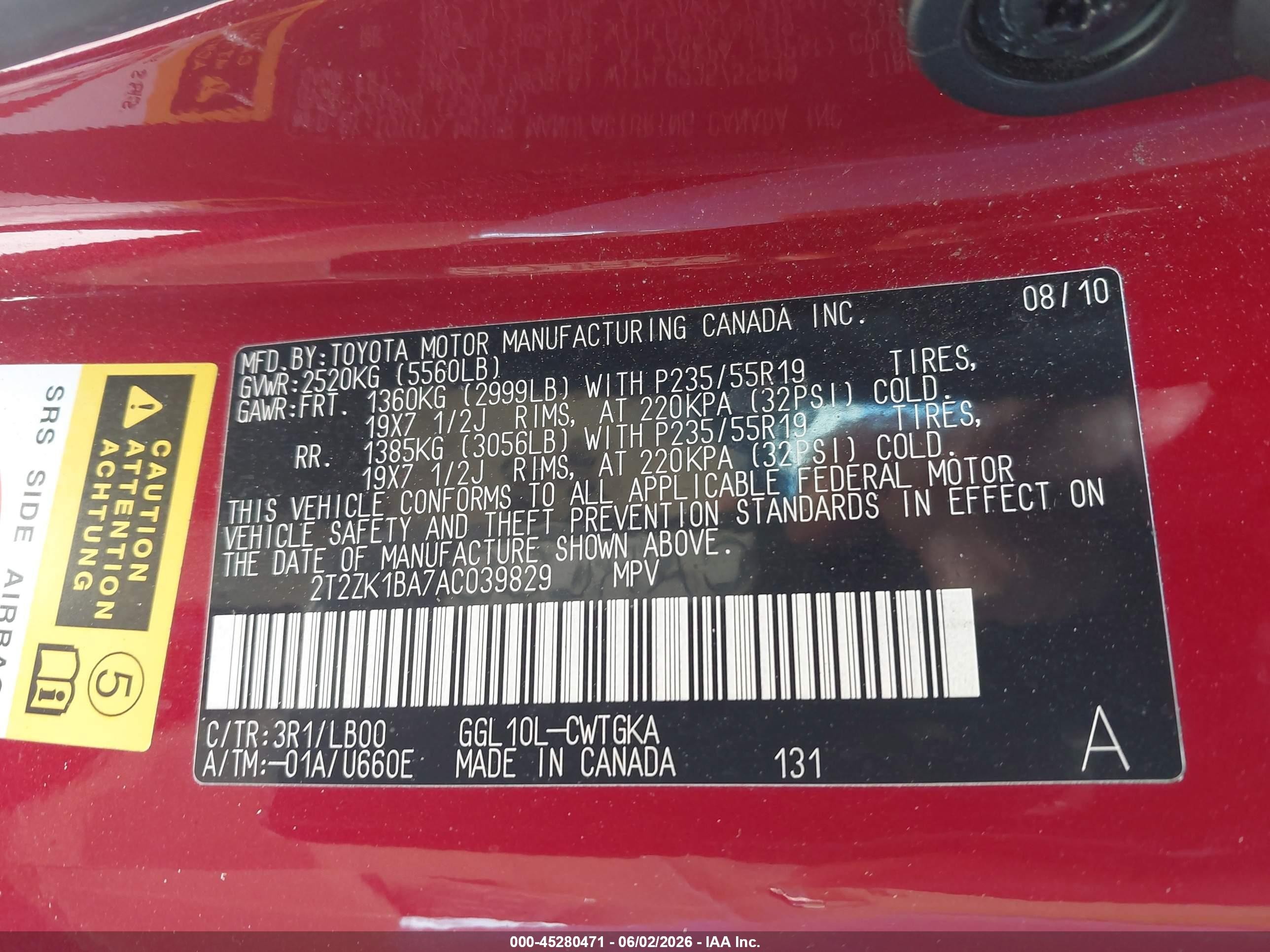 2010 Lexus Rx 350   Red vin: 2T2ZK1BA7AC039829