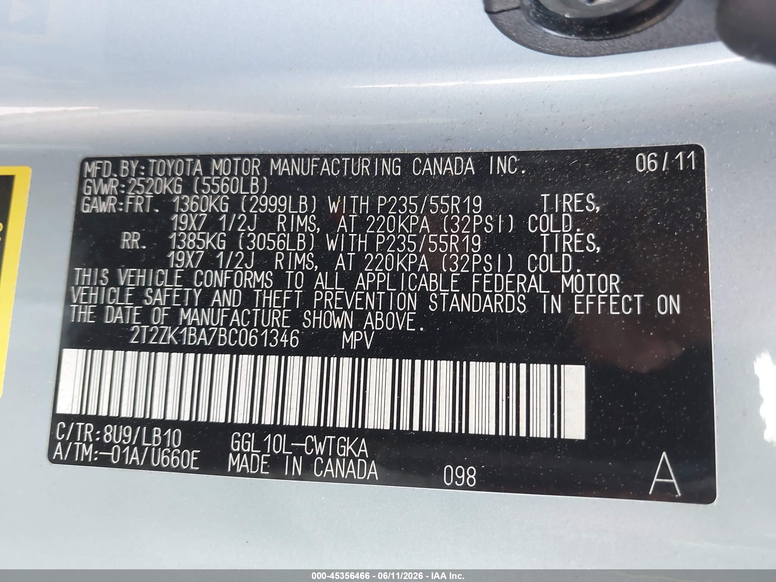 2011 Lexus Rx 350   Light Blue vin: 2T2ZK1BA7BC061346