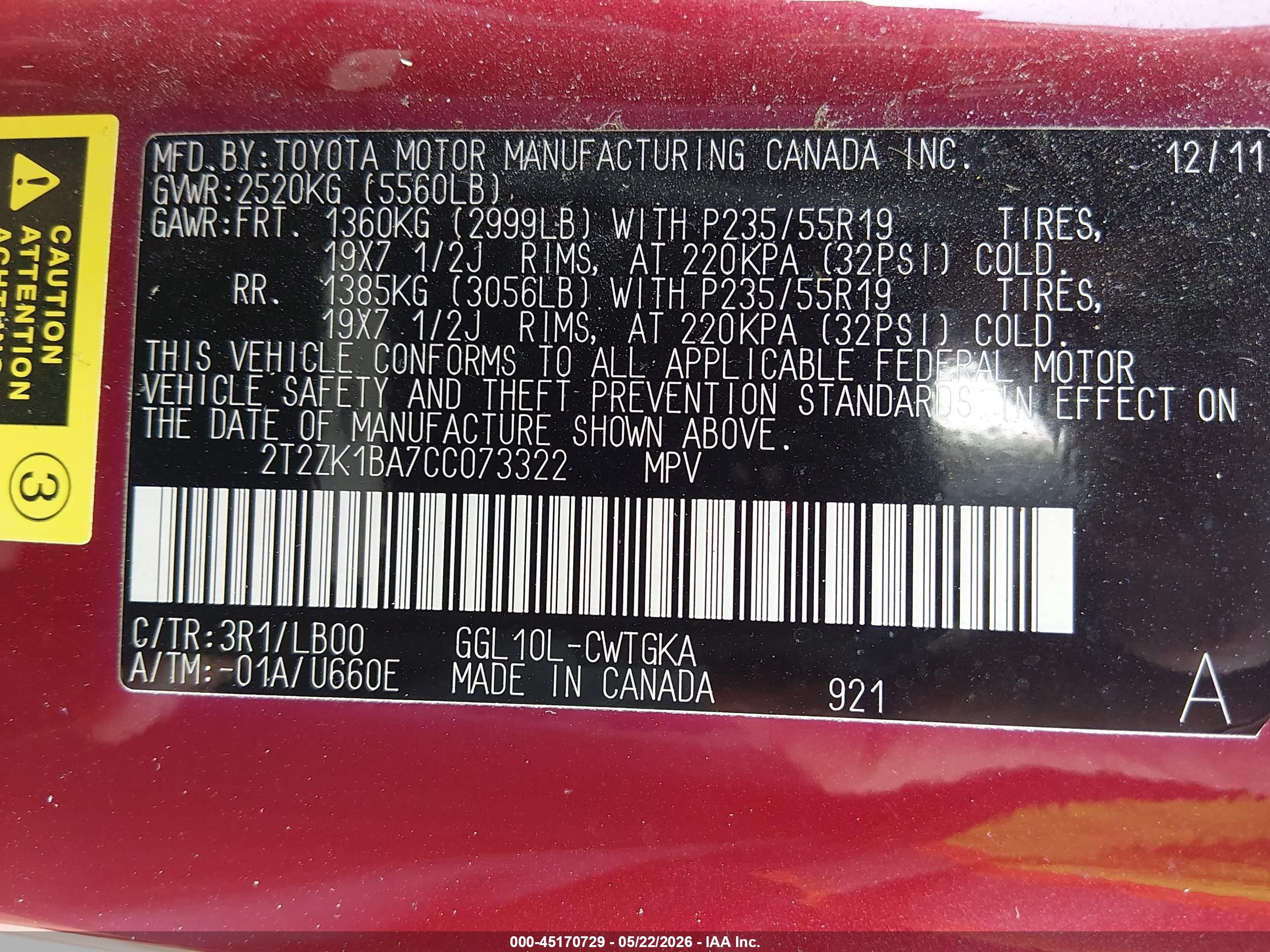 2012 Lexus Rx 350   Red vin: 2T2ZK1BA7CC073322