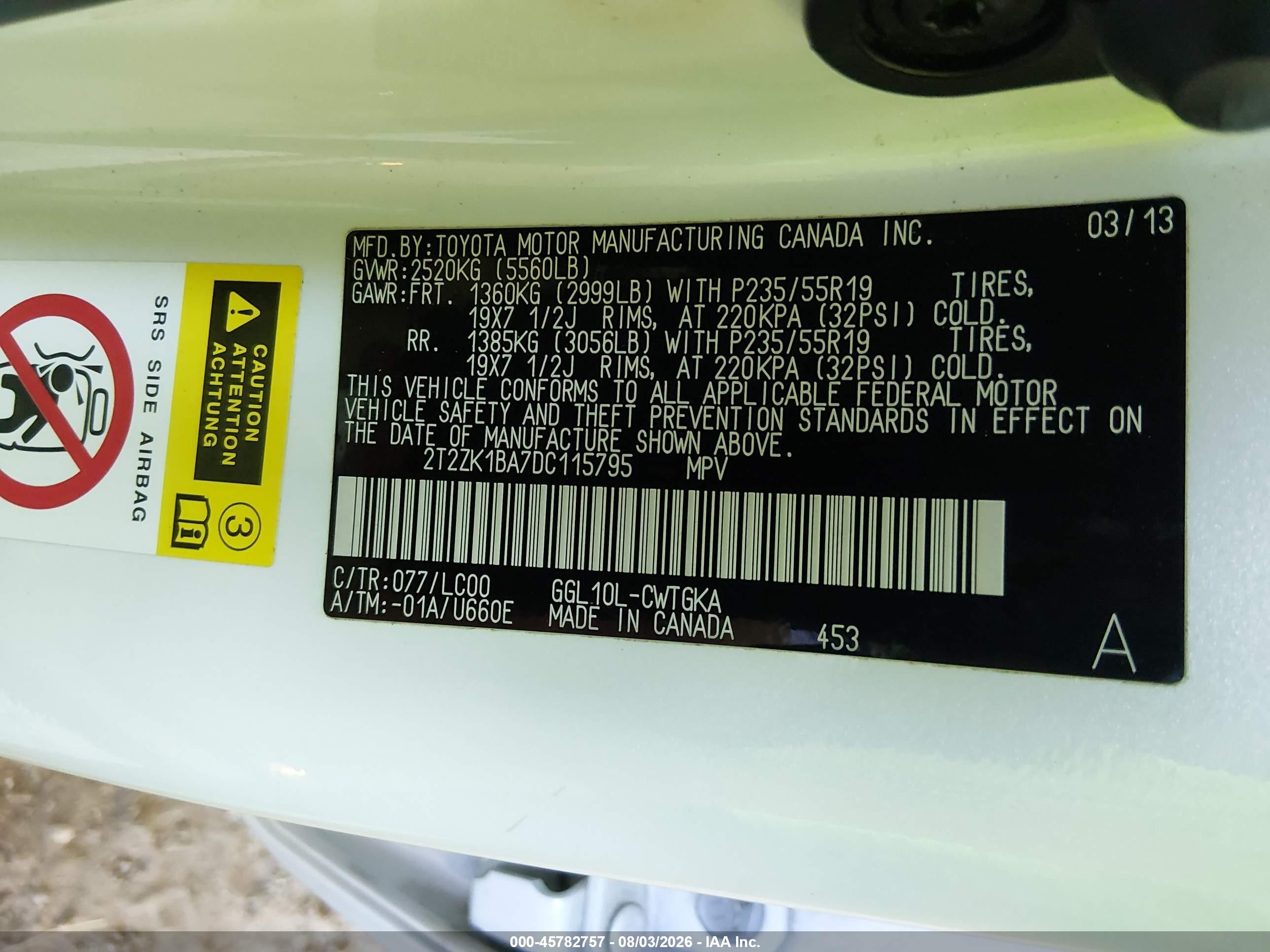 2013 Lexus Rx 350 White vin: 2T2ZK1BA7DC115795
