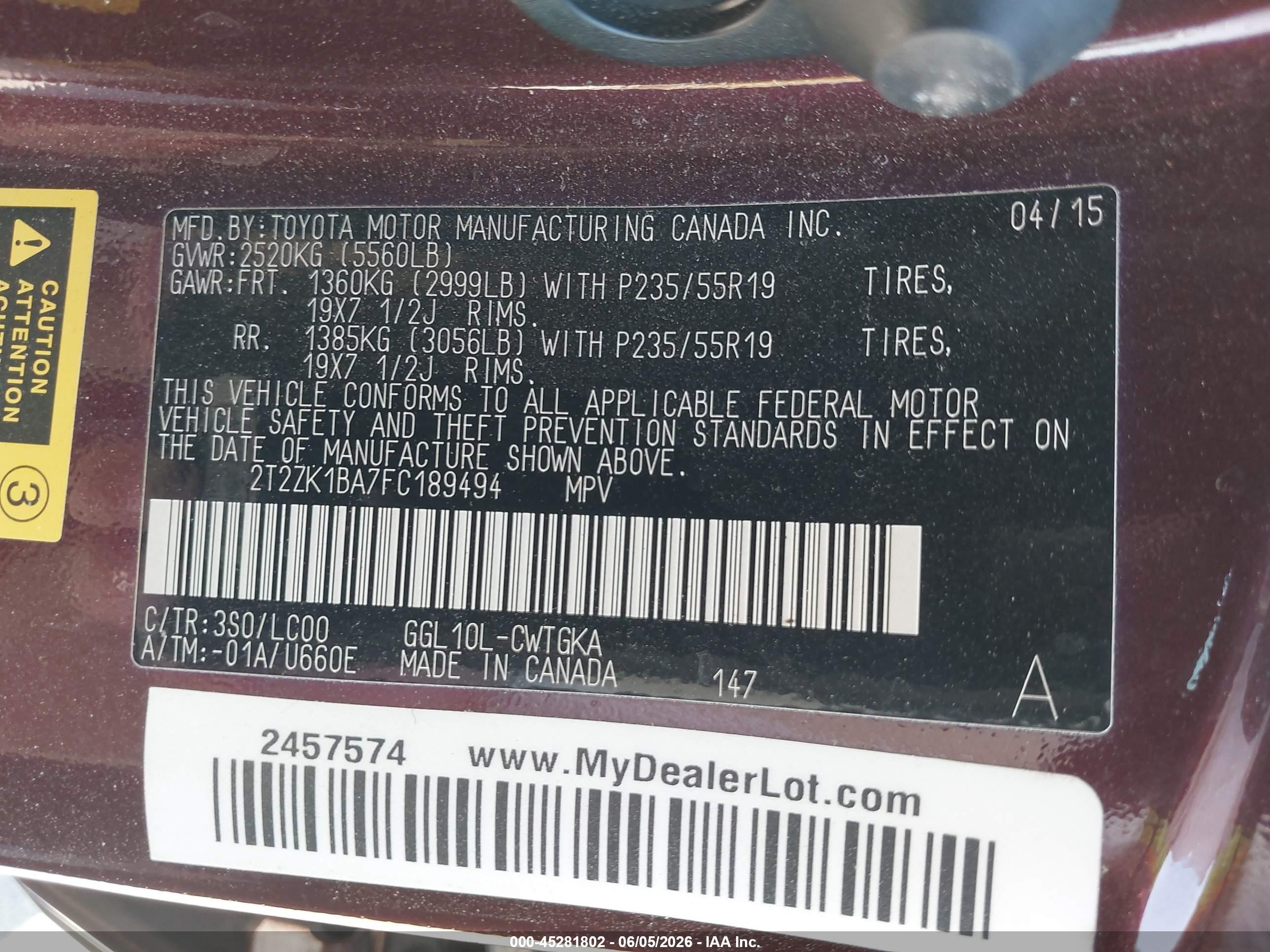 2015 Lexus Rx 350   Burgundy vin: 2T2ZK1BA7FC189494