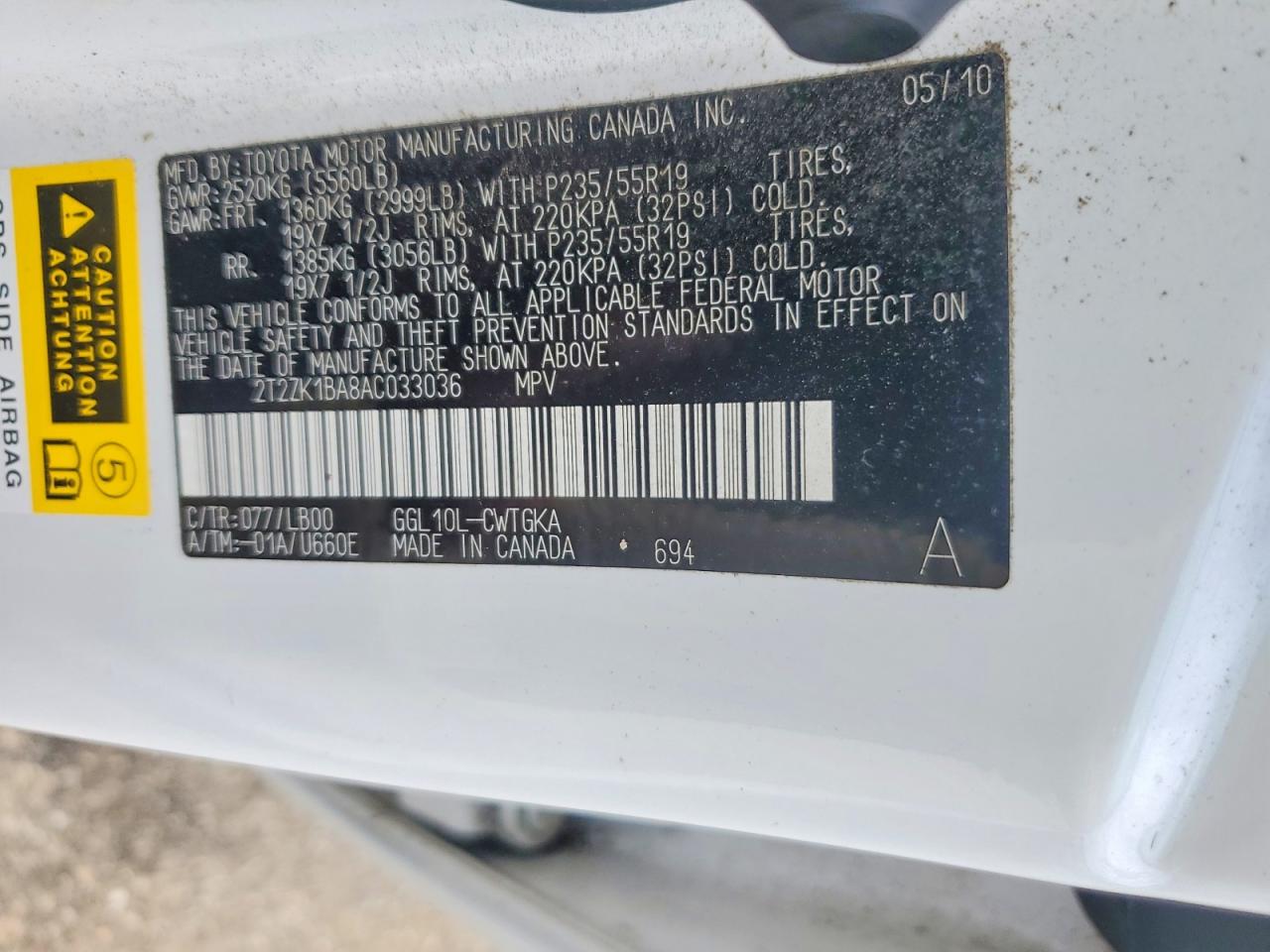 2010 Lexus Rx 350 White vin: 2T2ZK1BA8AC033036