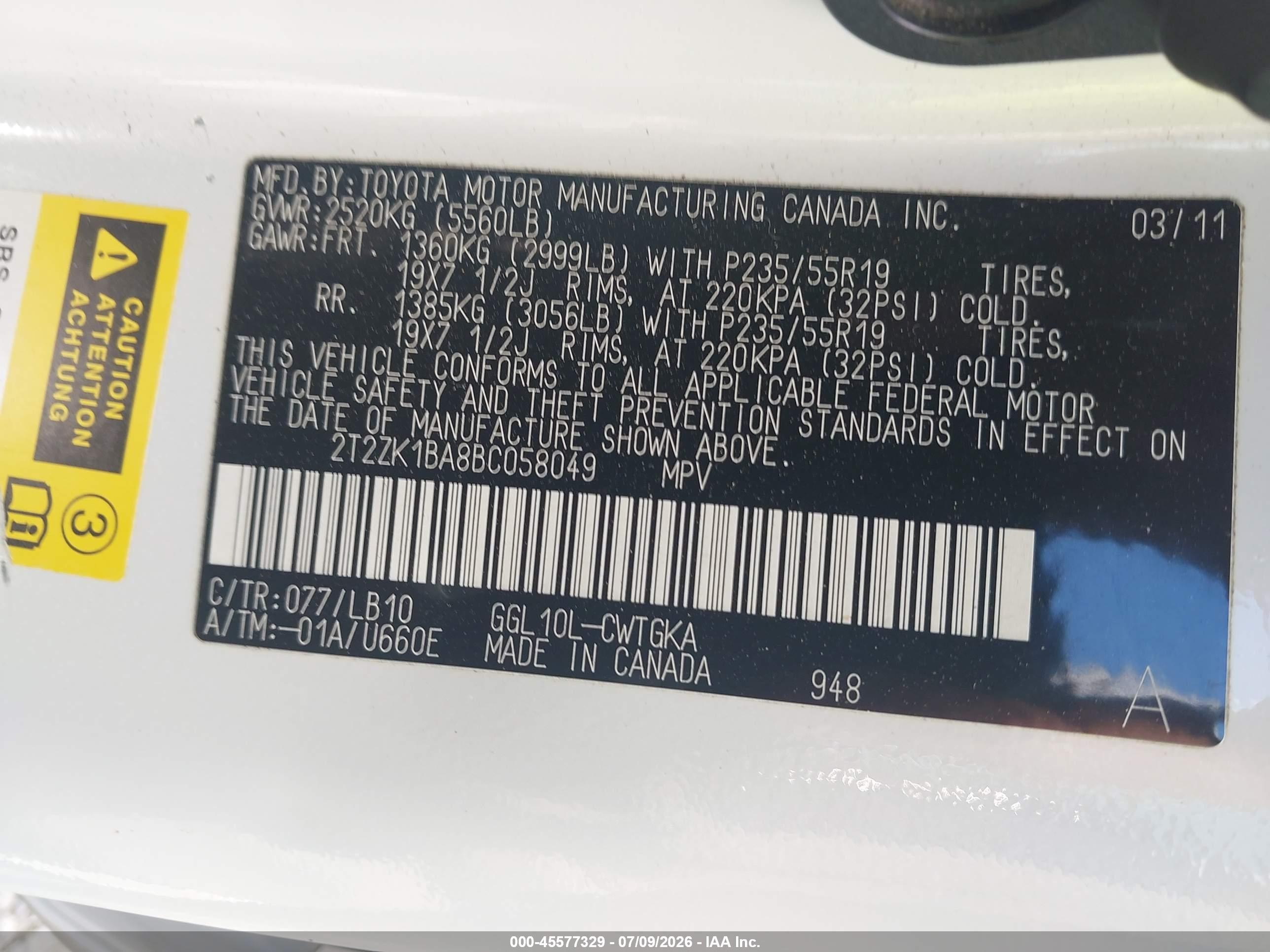 2011 Lexus Rx 350   White vin: 2T2ZK1BA8BC058049