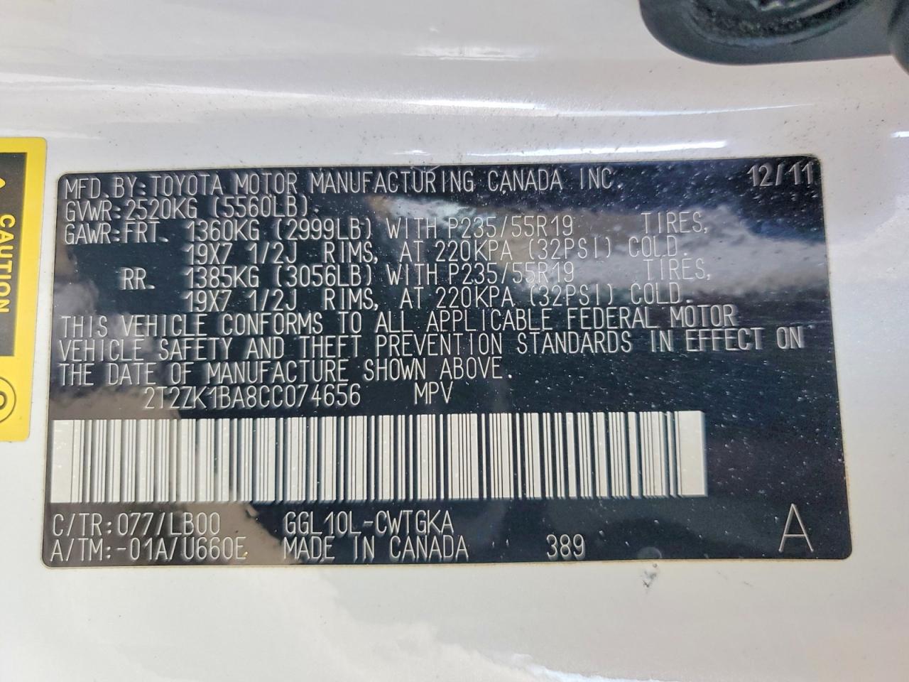 2012 Lexus Rx 350 White vin: 2T2ZK1BA8CC074656