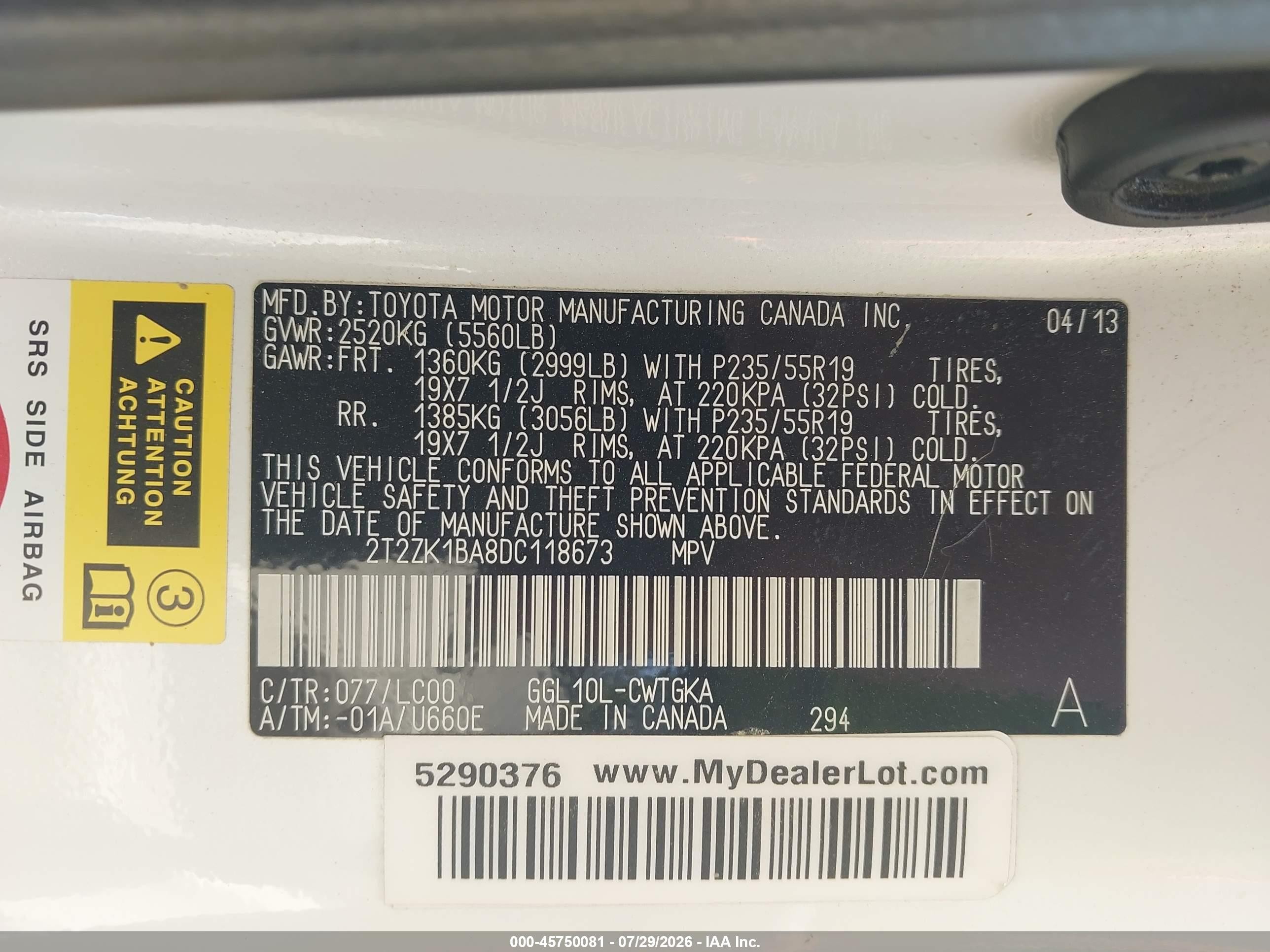 2013 Lexus Rx 350   Белый vin: 2T2ZK1BA8DC118673