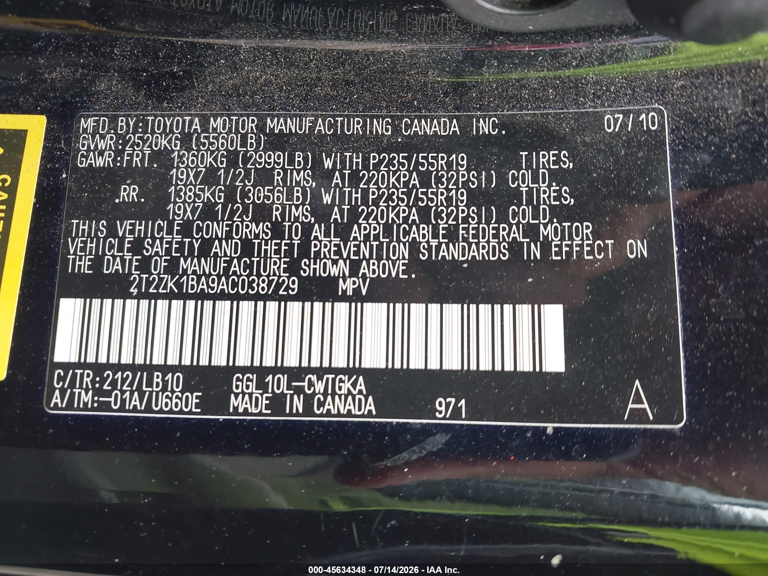 2010 Lexus Rx 350   Black vin: 2T2ZK1BA9AC038729