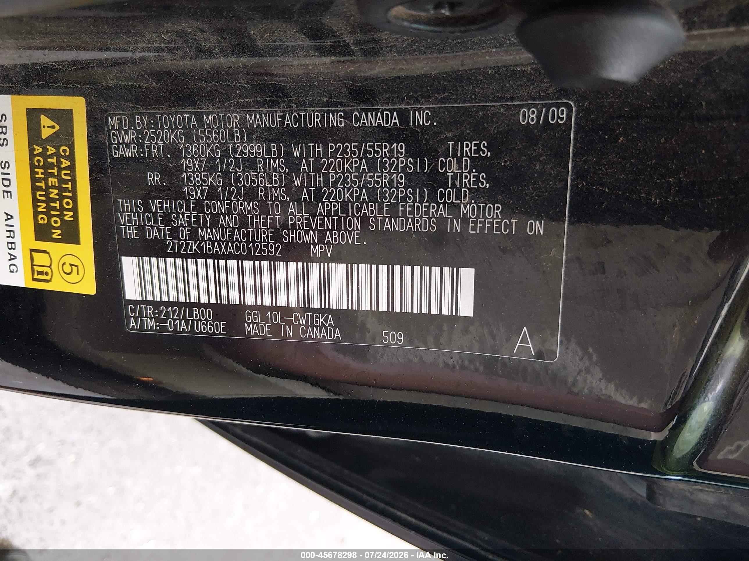 2010 Lexus Rx 350   Black vin: 2T2ZK1BAXAC012592