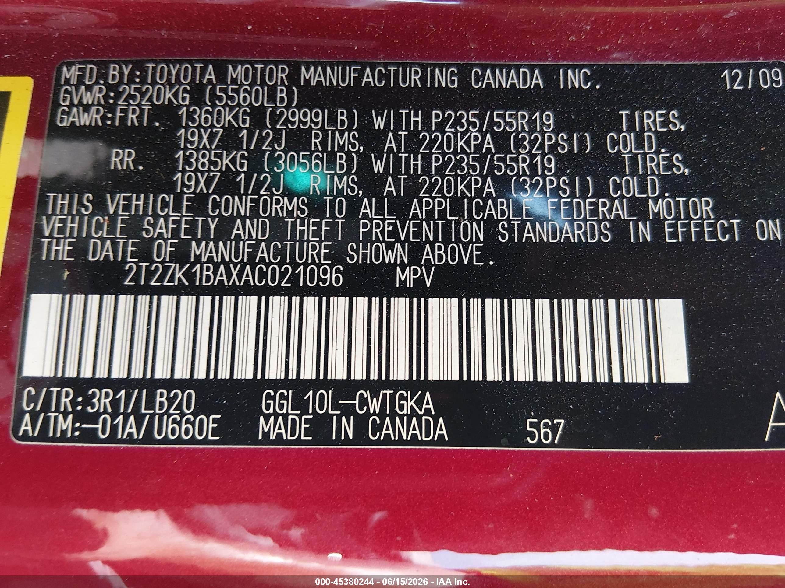 2010 Lexus Rx 350   Burgundy vin: 2T2ZK1BAXAC021096