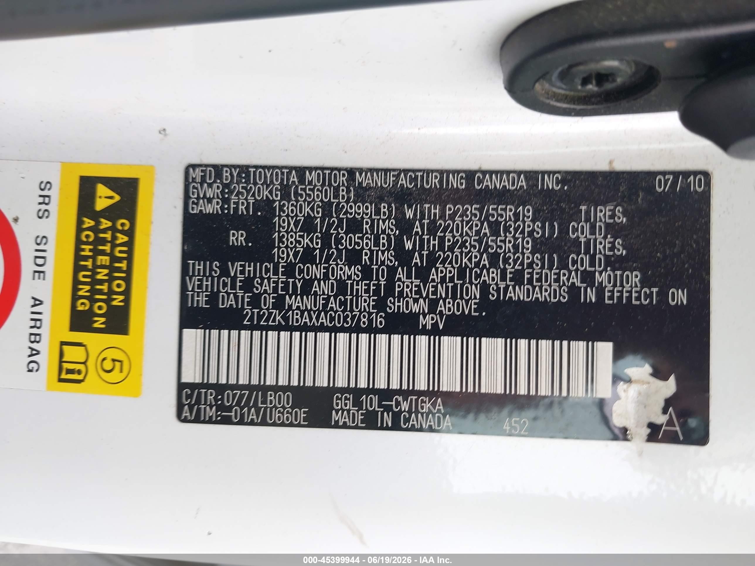 2010 Lexus Rx 350   White vin: 2T2ZK1BAXAC037816
