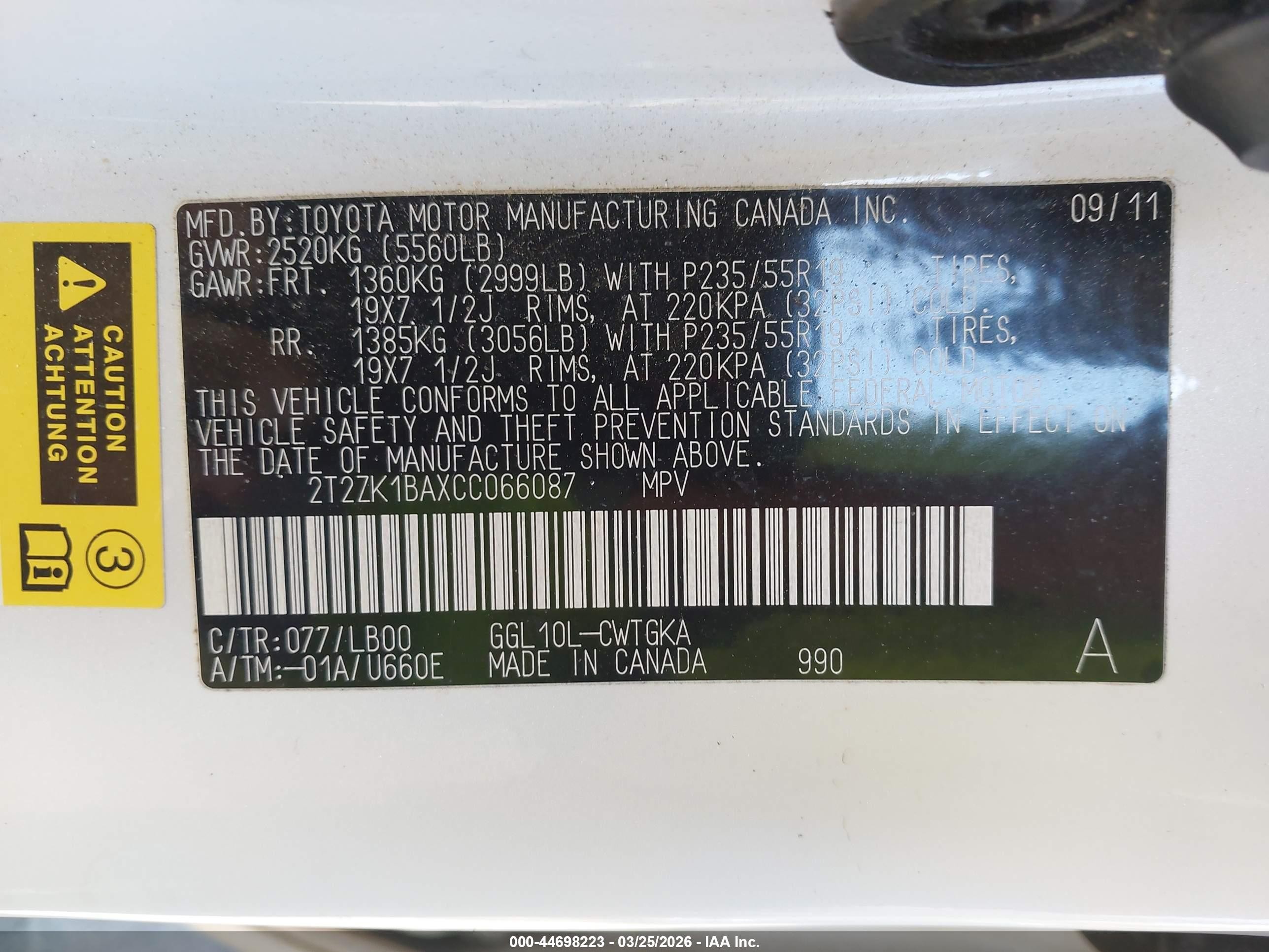 2012 Lexus Rx 350   White vin: 2T2ZK1BAXCC066087