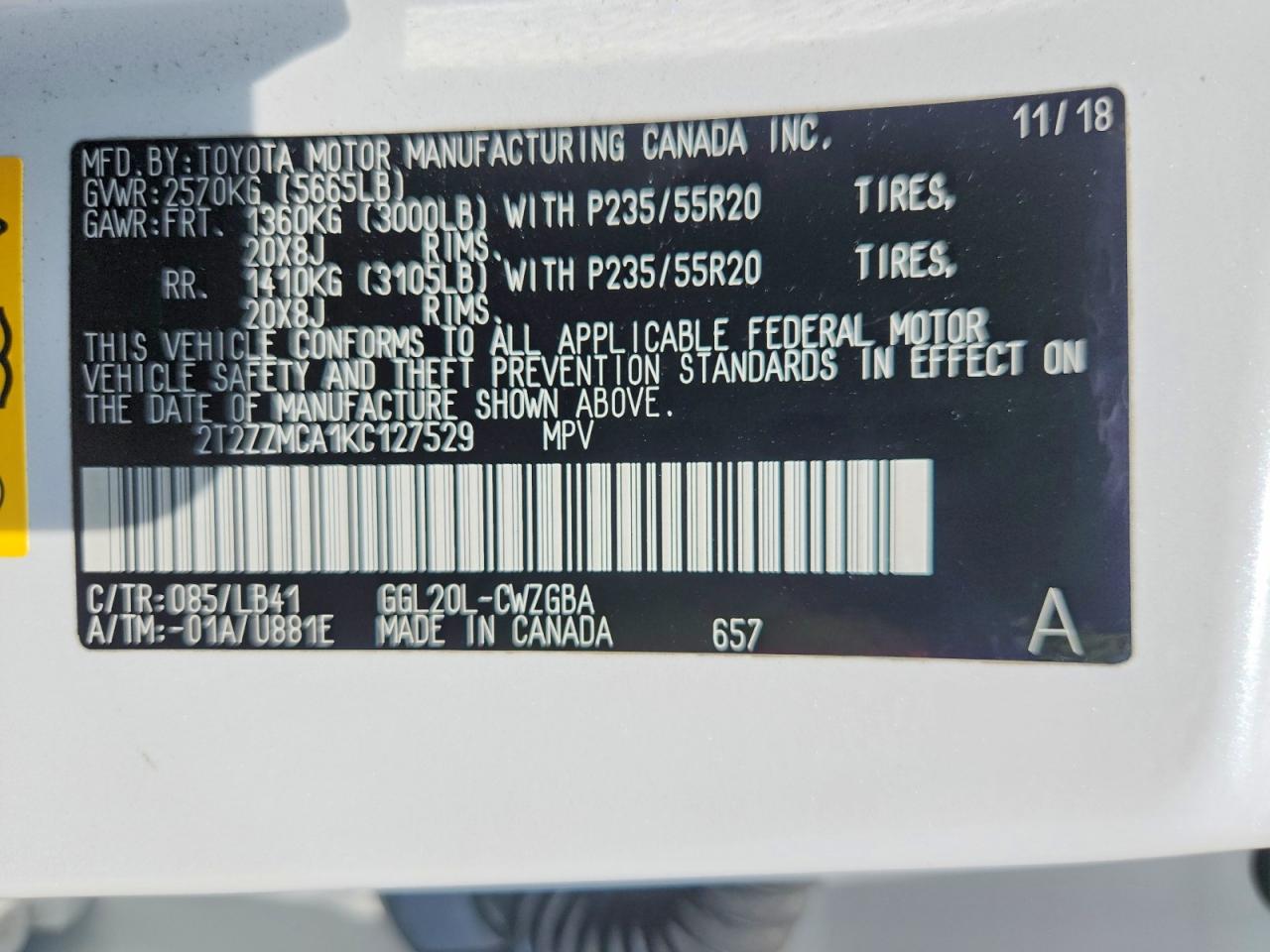 2019 Lexus Rx 350 Base White vin: 2T2ZZMCA1KC127529