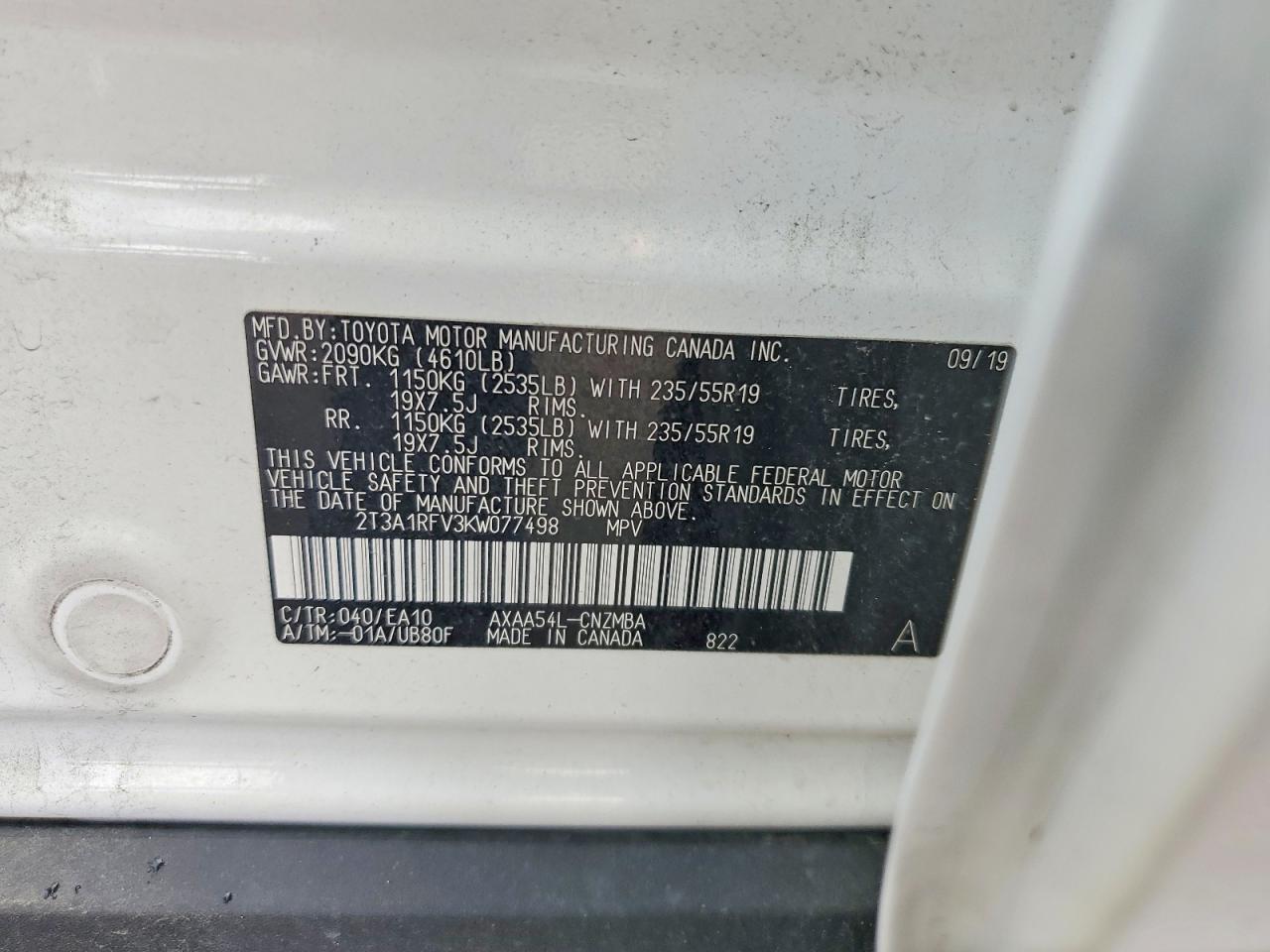 2019 Toyota Rav4 Xle Premium White vin: 2T3A1RFV3KW077498
