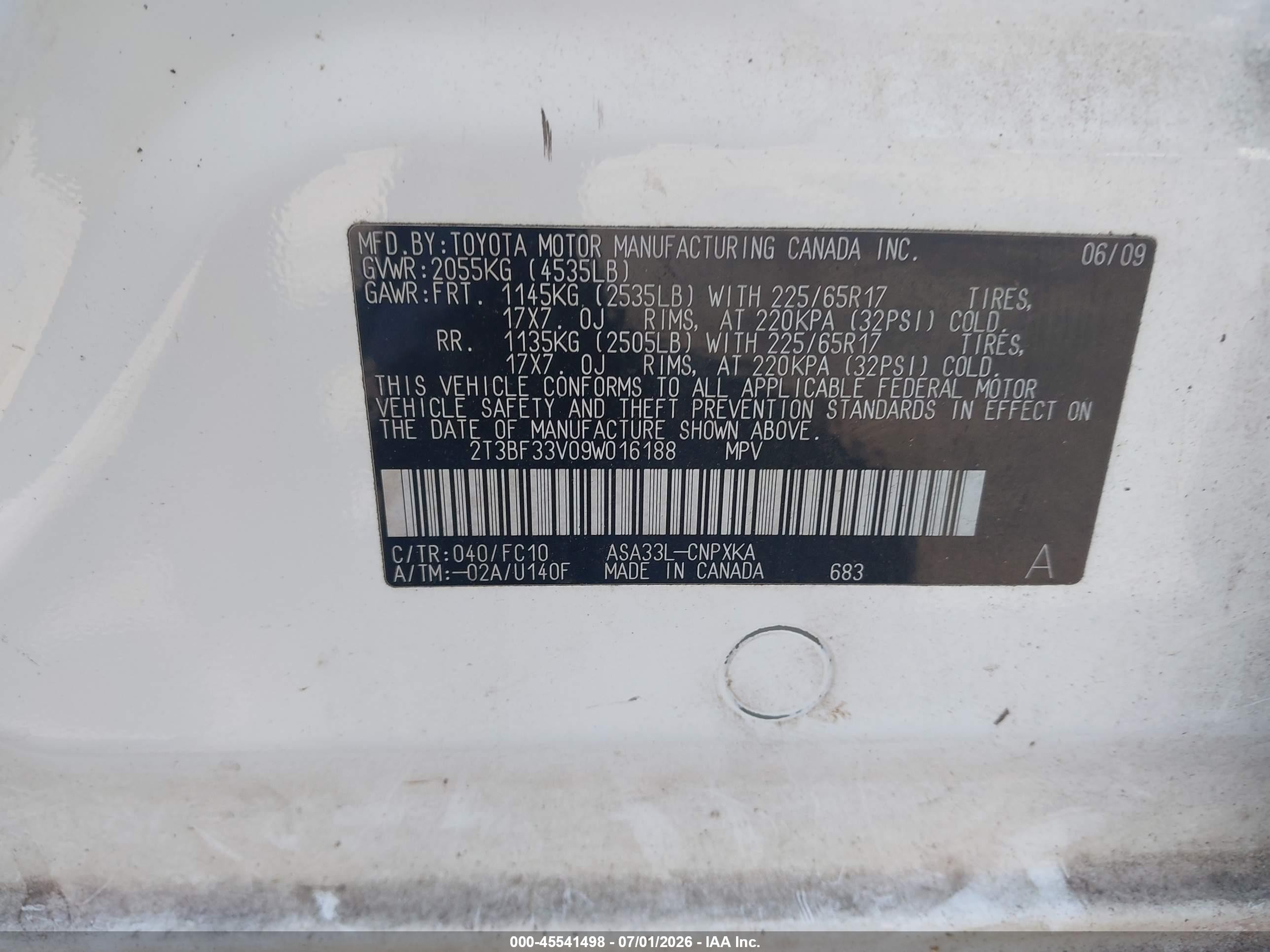 2009 Toyota Rav4   White vin: 2T3BF33V09W016188