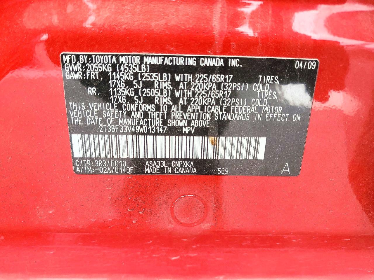 2009 Toyota Rav4 Base Red vin: 2T3BF33V49W013147