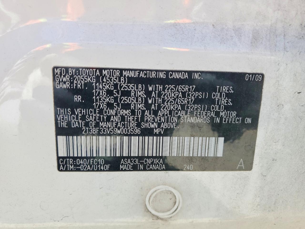 2009 Toyota Rav4 Base White vin: 2T3BF33V59W003596