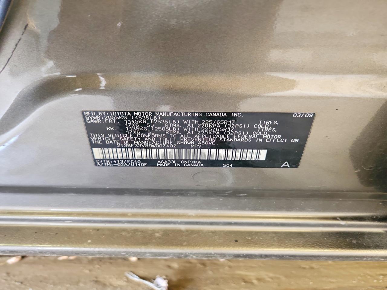 2009 Toyota Rav4 Base Золотой vin: 2T3BF33V89W007402