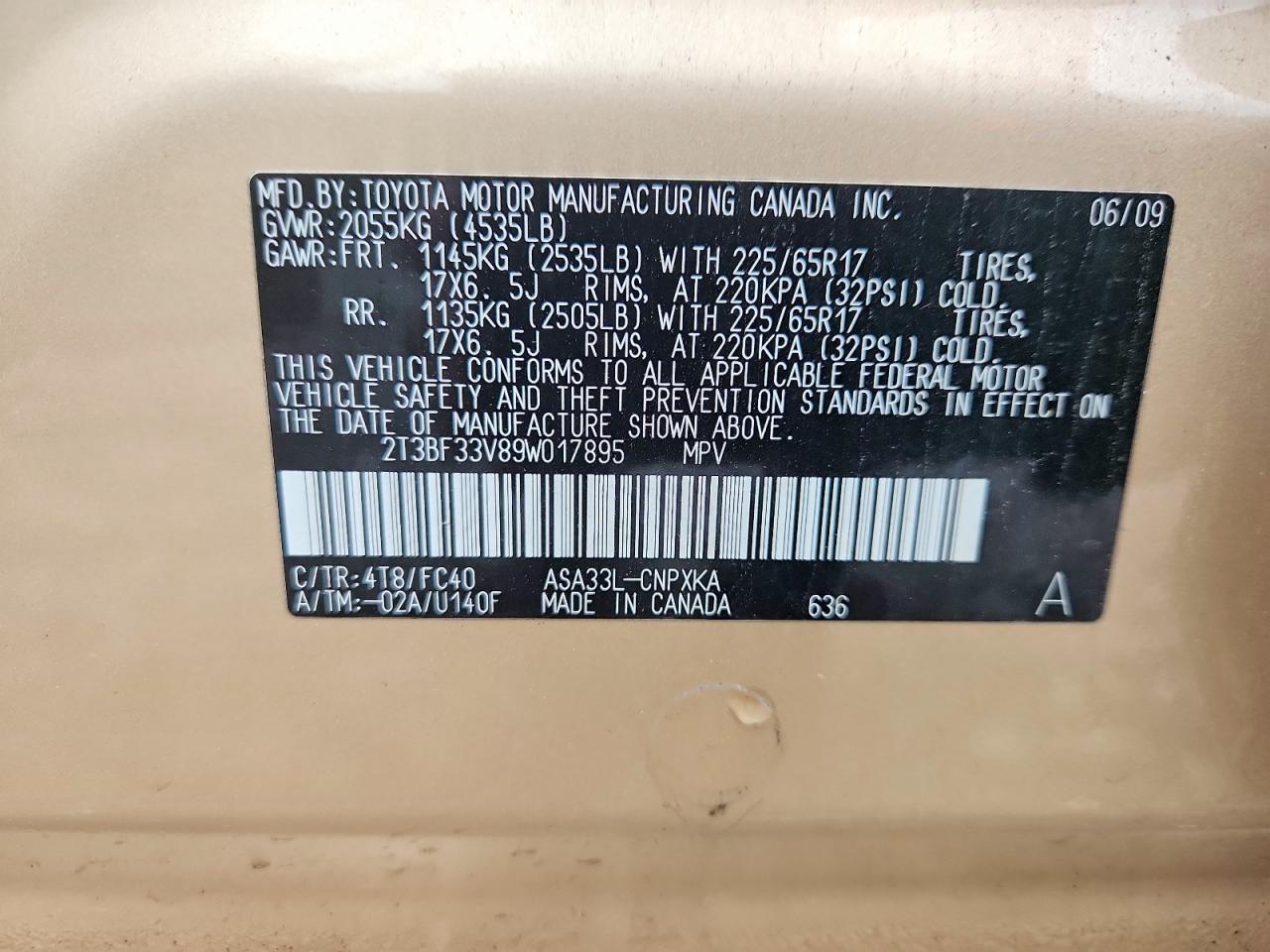 2009 Toyota Rav4 Base Tan vin: 2T3BF33V89W017895