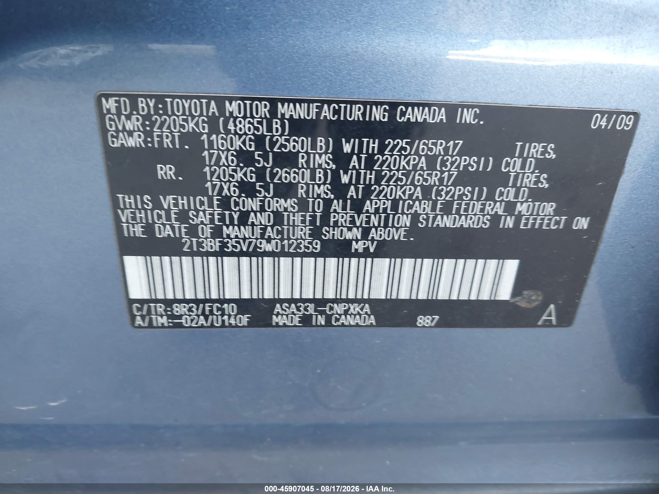 2009 Toyota Rav4   Blue vin: 2T3BF35V79W012359
