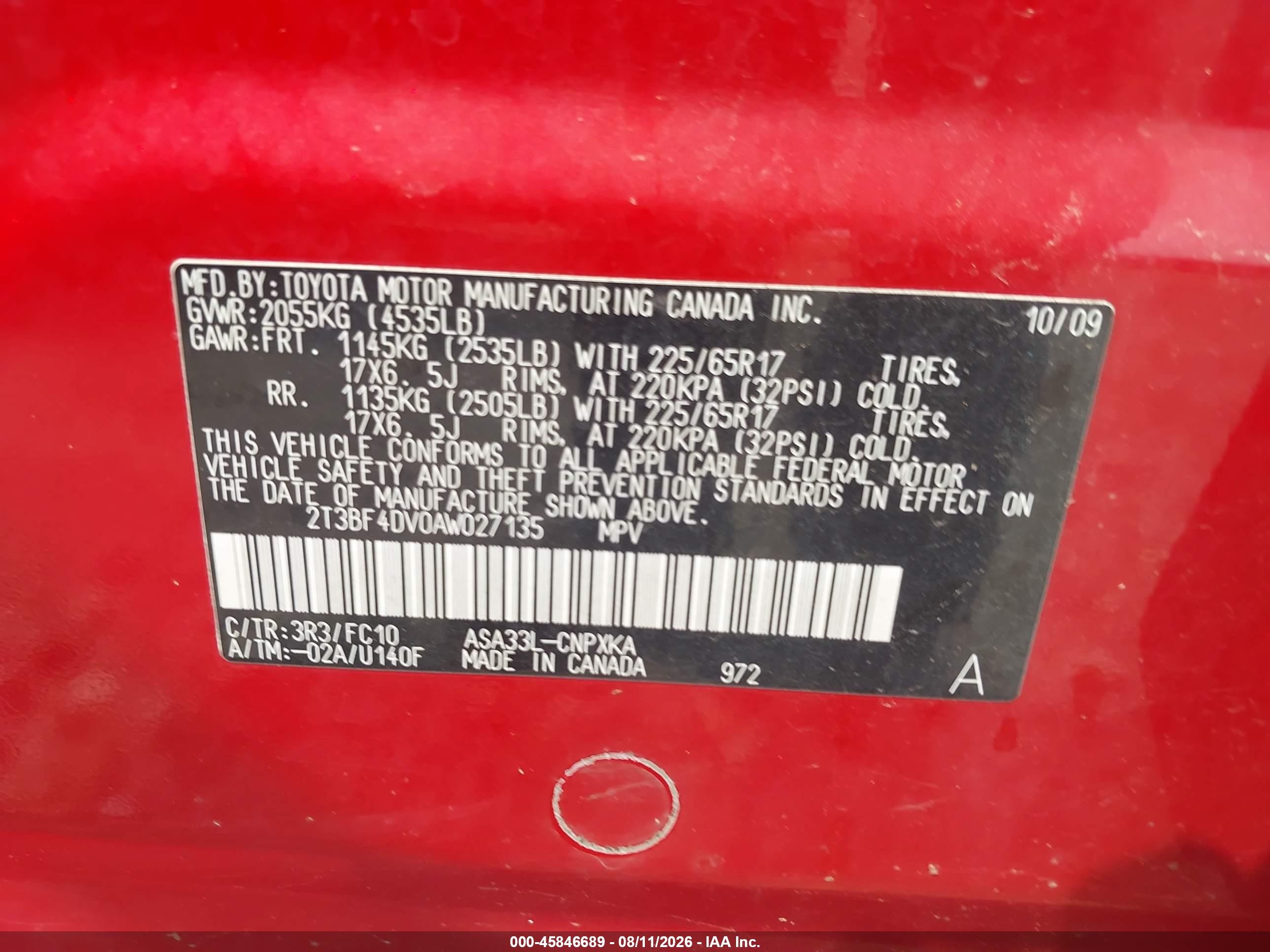 2010 Toyota Rav4   Red vin: 2T3BF4DV0AW027135