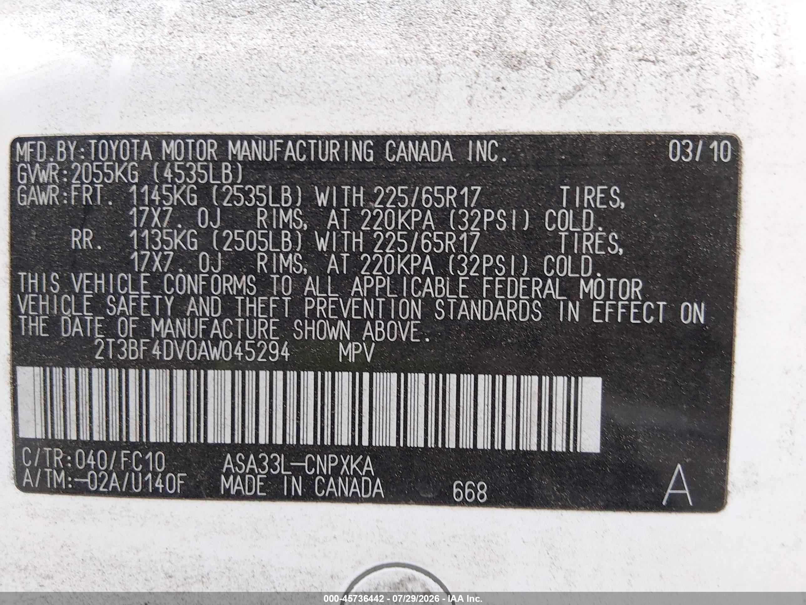 2010 Toyota Rav4   White vin: 2T3BF4DV0AW045294